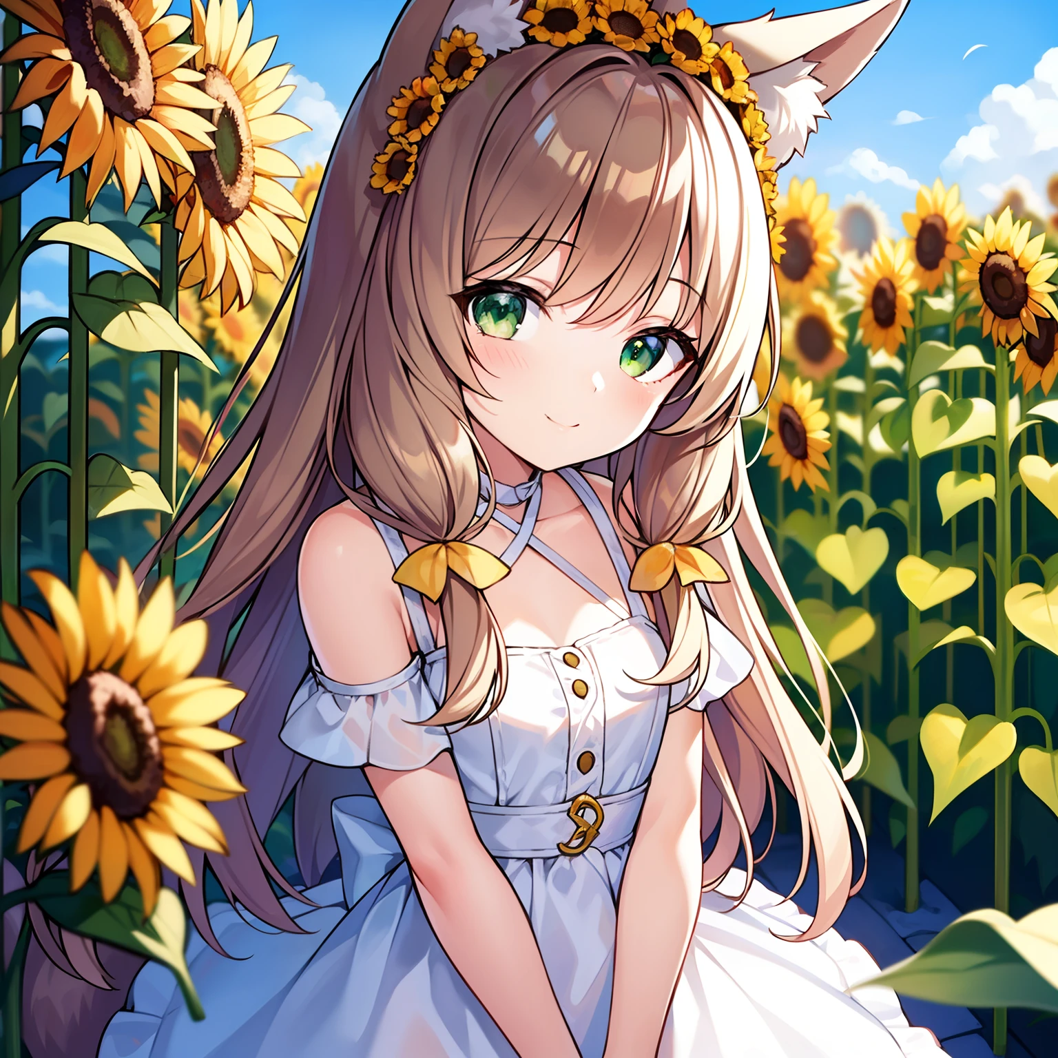 Masterpiece, Best quality, high resolution, 1girll, Solo, Oversized fox tail,(Long brown hair),Green eyes,Small flower headdress, (9 years old_Cute loli),Modern architecture,In the country_In the fields of sunflowers,The girl holds a small sunflower flower in both hands,Wearing a white dress,seen from the front,Close-up of upper body,ssmile,