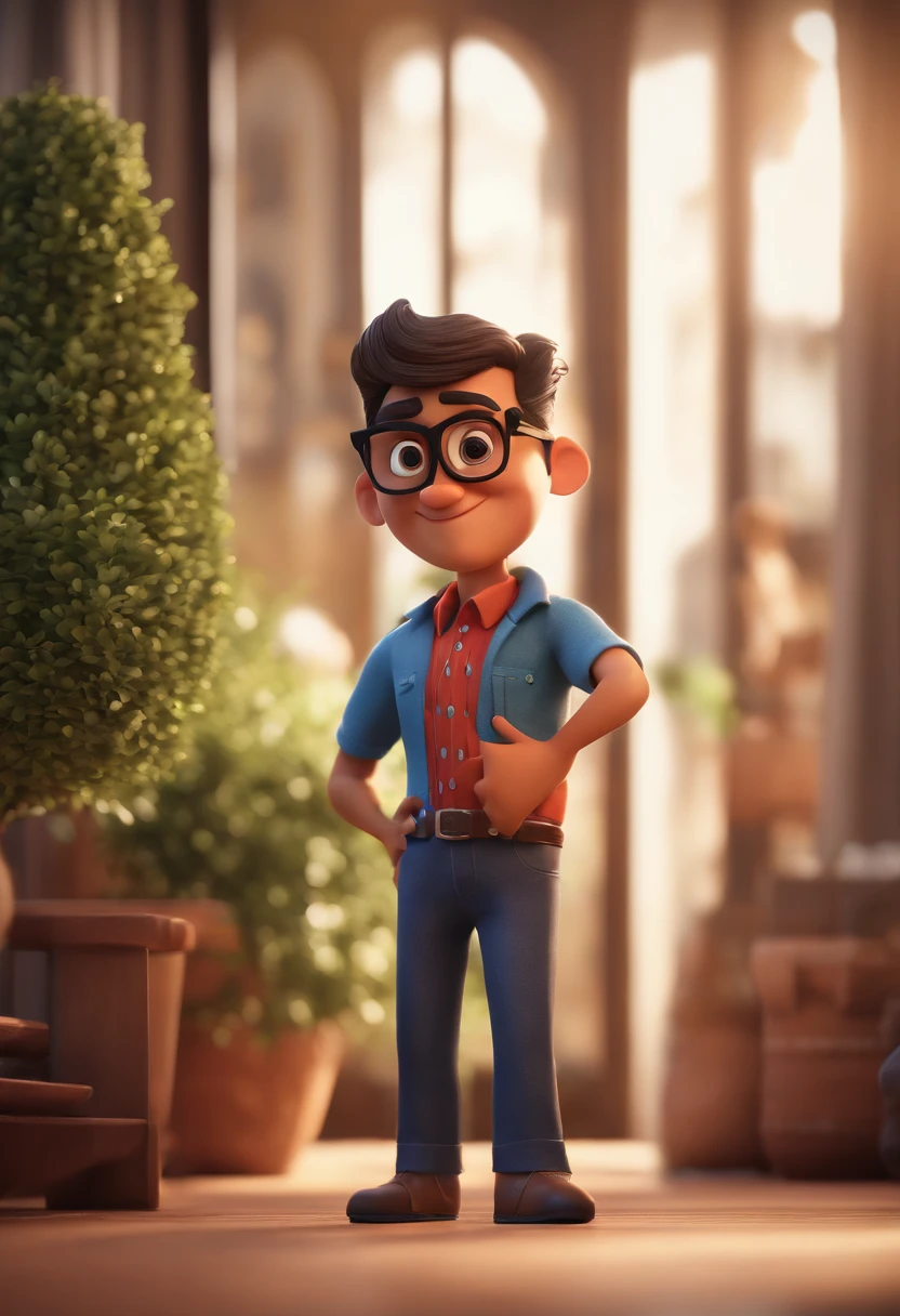 Cartoon character of a man with black glasses and a blue shirt, animation character, Caractere estilizado, animation style rendering, 3D estilizado, Arnold Maya render, 3 d render stylized, toon render keyshot, Personagem 3D, Personagem 3D, 3d rendering stylized, 3 d character render, personagem de desenho animado, Personagem de close up, Pose de personagem,  (Estilo Pixar) (master part:1.2) (Bokeh) (best quality) (pele detalhada) (textura detalhada) (8k) (argila) (Cinematic lighting) (foco nítido