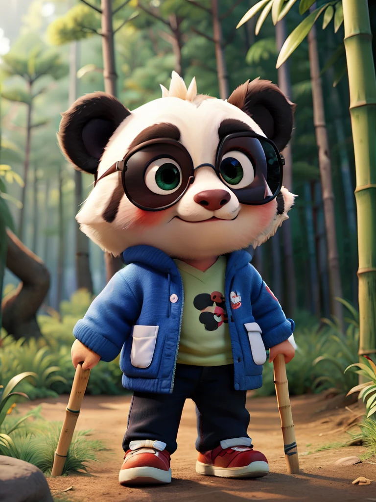 Cartoon panda jacket，Wearing sunglasses，Carrying a bamboo stick ，In the forest，top-quality， single focal， 复杂 （the detail： 1.1） unreal-engine，tmasterpiece， （ultra-detailliert），