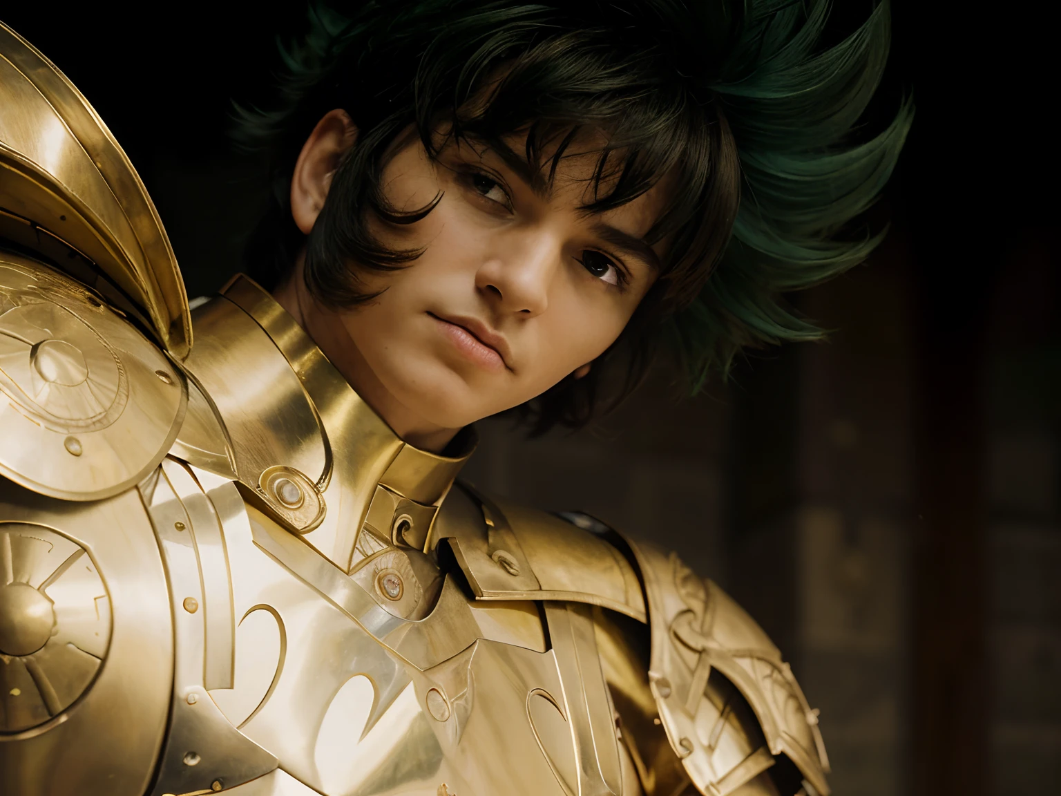 (masterpiece), (realistic) low angle, close up portrait of an man, (male), 30 years old, spanish, (1boy), solo, serious, looking at viewer, wearing an medieval armor, (full body armor), (golden armor), chrome gold, (detailed armor), (ornate armor), dark green hair, (hair blowing in wind), (hair chops), upper body, night and stars background, sharp focus, cinematic lighting,