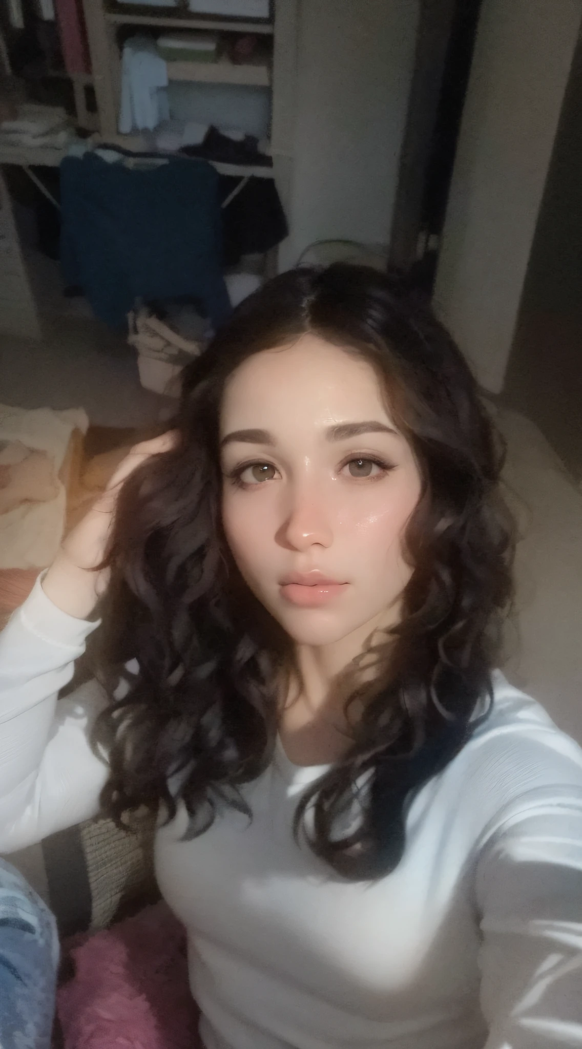 (best quality, extremely high-resolution, master part:1.3), Uma mulher bonita, Beleza esbelta da figura, middlebreasts, (medium wavy dark brown hair), white pale skin, Vestindo camiseta branca de corte, olhar confiante, Ambiente externo com pouca luz, Detalhes primorosamente renderizados no rosto e textura da pele, Olhos com pupilas detalhadas, Double eyelidm, 16 anos, rosto em V