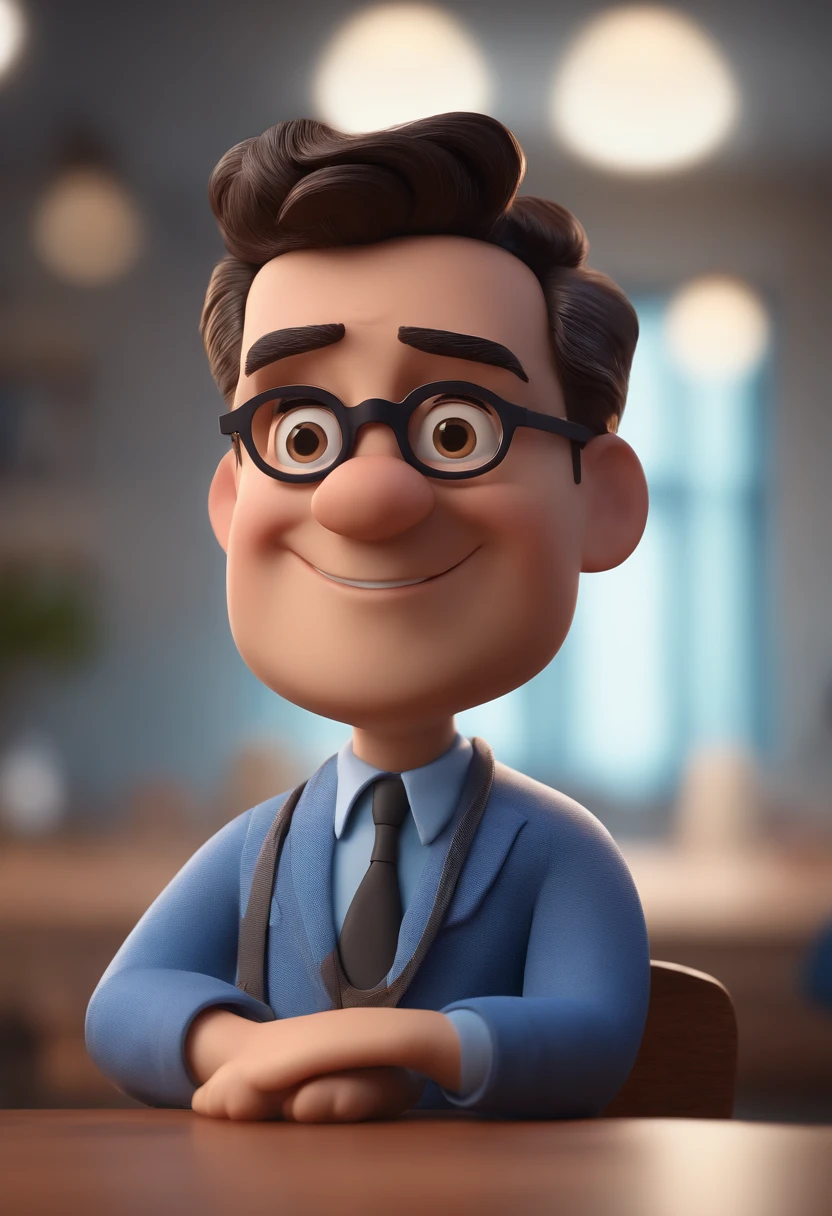 Cartoon character of a man with black glasses and a blue shirt, animation character, Caractere estilizado, animation style rendering, 3D estilizado, Arnold Maya render, 3 d render stylized, toon render keyshot, Personagem 3D, Personagem 3D, 3d rendering stylized, 3 d character render, personagem de desenho animado, Personagem de close up, Pose de personagem,  (Estilo Pixar) (master part:1.2) (Bokeh) (best quality) (pele detalhada) (textura detalhada) (8k) (argila) (Cinematic lighting) (foco nítido