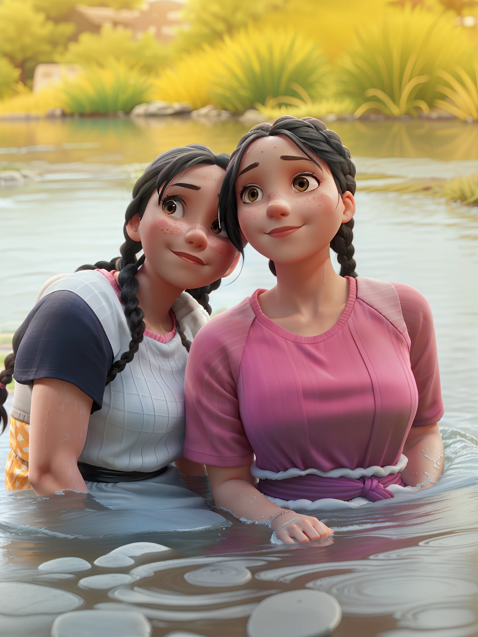 Mother and daughter bathing in the river , The girl in pink is wearing a braid and the girl in gray has her hair down black