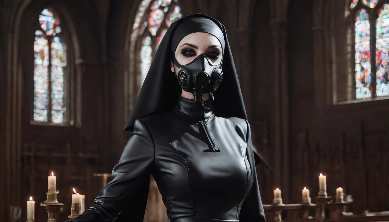 nun with anti-gas mask dressed in latex posing for a photo in a gothic church, dark nun fashion, horror fashion, latex fashion, fetish fashion, darksynth aesthetic.