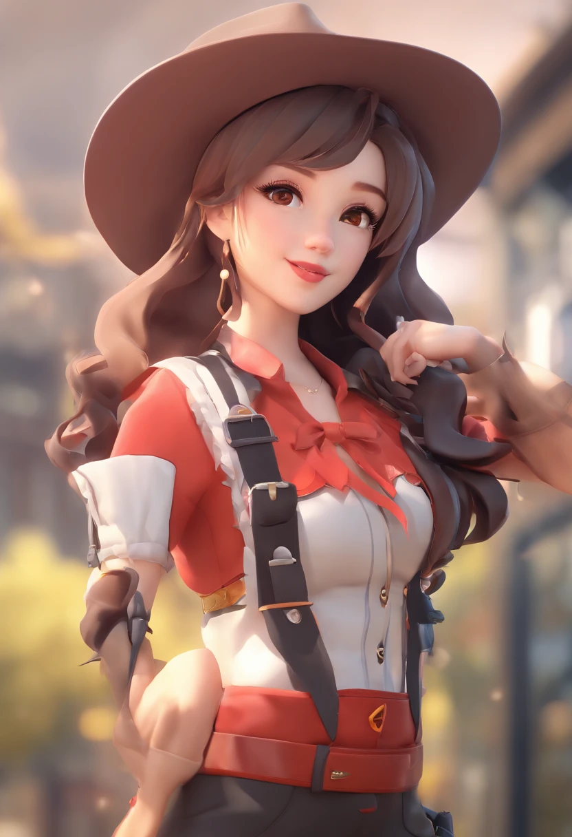 best quality, Ame-chan, master part, 1girl, sozinho, seios pequenos, cowboy shot, suspenders, camisas vermelhas, fita preta