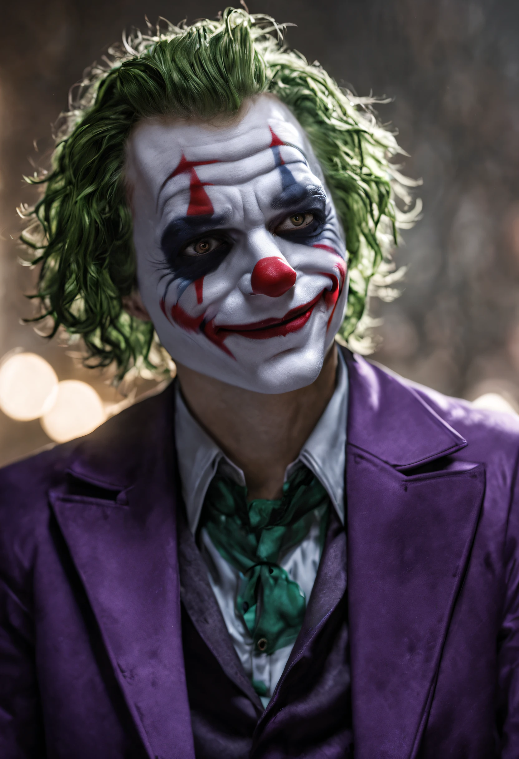 Joaquin Phoenix joker, intense eyes, and a disturbing smile, wearing a blue suit, looking like the joker character, ultra detailed, highly realistic, cinematic, moody lighting, dramatic angles, photorealistic, 8k, intricate details, masterpiece, digital painting