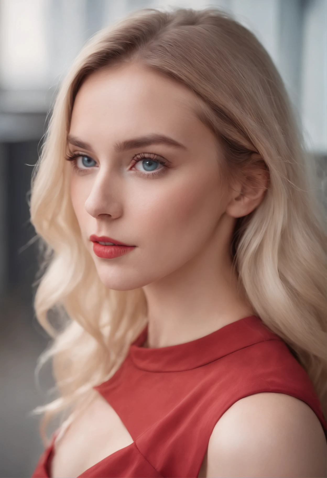 realistic white female instagram influencer, best quality, blonde, 1 girl, blue eyes, in red tight short dress