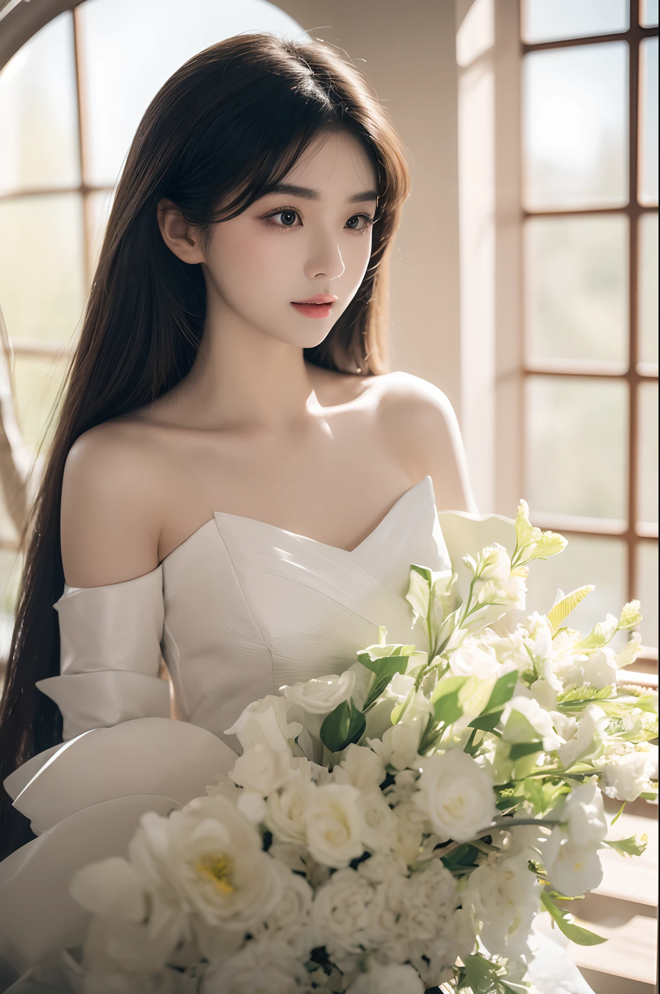 (8K, high resolution), (((Photogram, primitive, Ultra photo realsisim, Masterpiece:1.2), High quality))), (Needle illumination, The light from the back window is backlighted, Cinematic lighting), Sharp focus:1.4, (Ultra-detailed, Intricate), closeup of face, up-close,, 1 girl, Oval face,Cat-like eyes, Petite full lips, Straight and cute nose, Cheekbones flush slightly, Thick eyebrows and long, beautiful eyelashes.