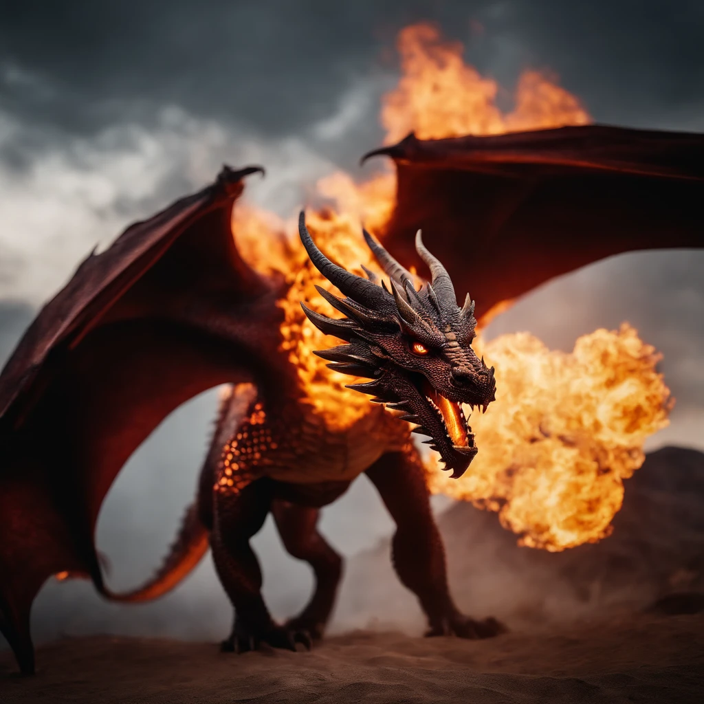 REALISTIC fire dragon flying in the black desert