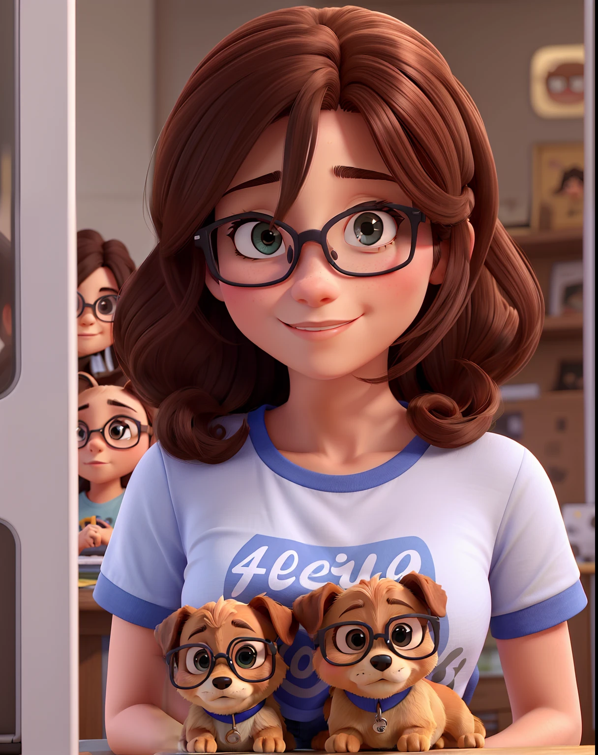 Beautiful woman, 40 anos, cabelo castanho liso, olhos castanhos escuros, glasses, Wearing a t-shirt with three pincher puppies.