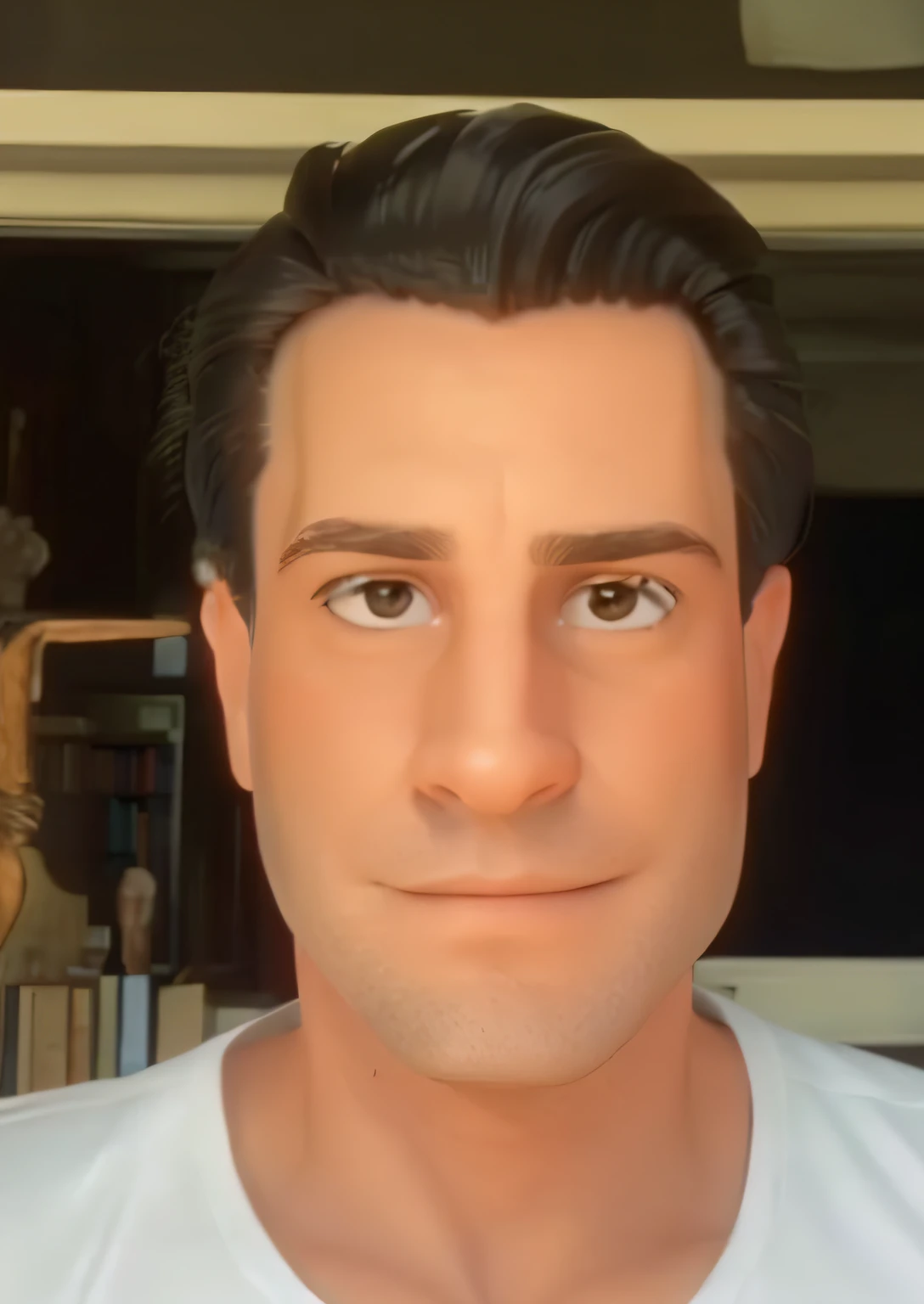 Um homem forte, dark hair and slicked back, de terno escuro com gravata colorida. Em um biblioteca