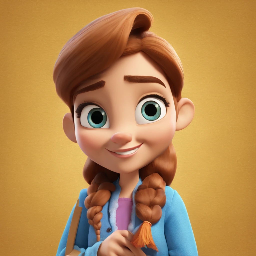 Crie um cartaz inspirado na Disney Pixar com o personagem sendo uma mulher de 24 anos ,de cabelos ondulados marrom, em sua formatura de pedagogia , Olhando para frente