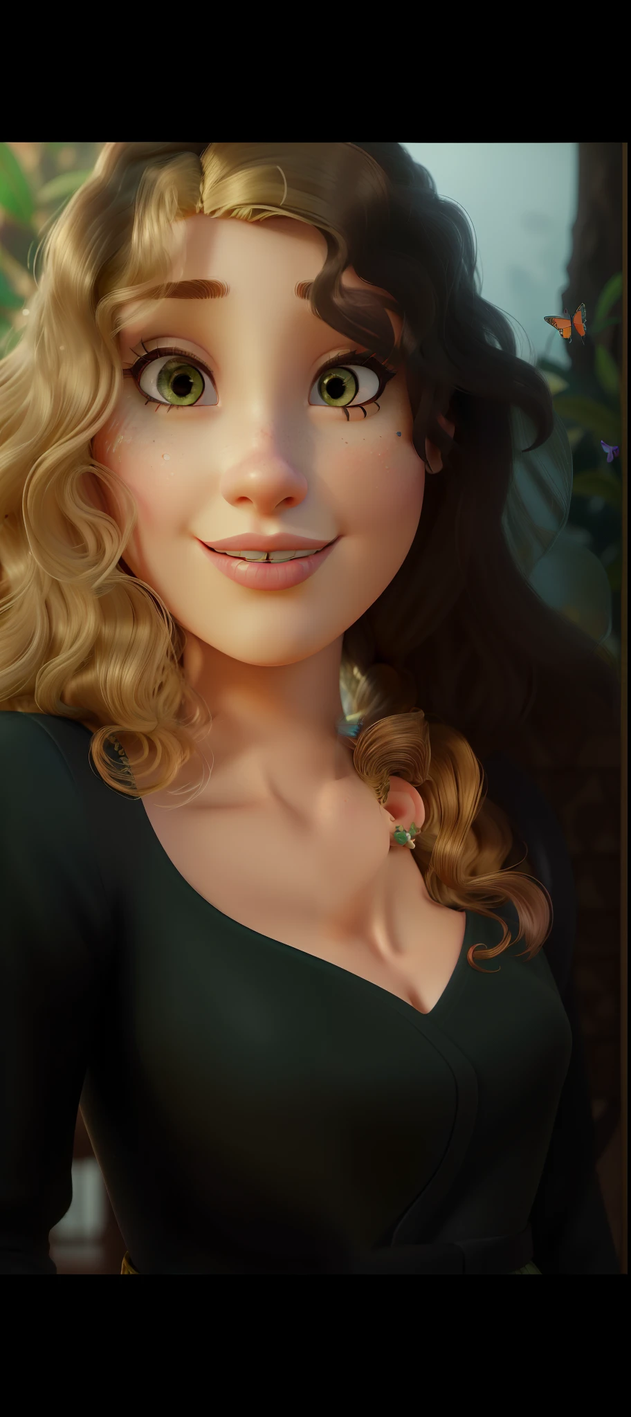 (best quality,highres,masterpiece:1.2),detailed woman in disney pixar style,ultra-detailed,realistic,beautiful detailed face and eyes,beautiful detailed lips,longeyelashes,curly hair,expensive clothing,confident expression,standing in a colorful garden,with butterflies fluttering around her,vivid colors,sharp focus,studio lighting