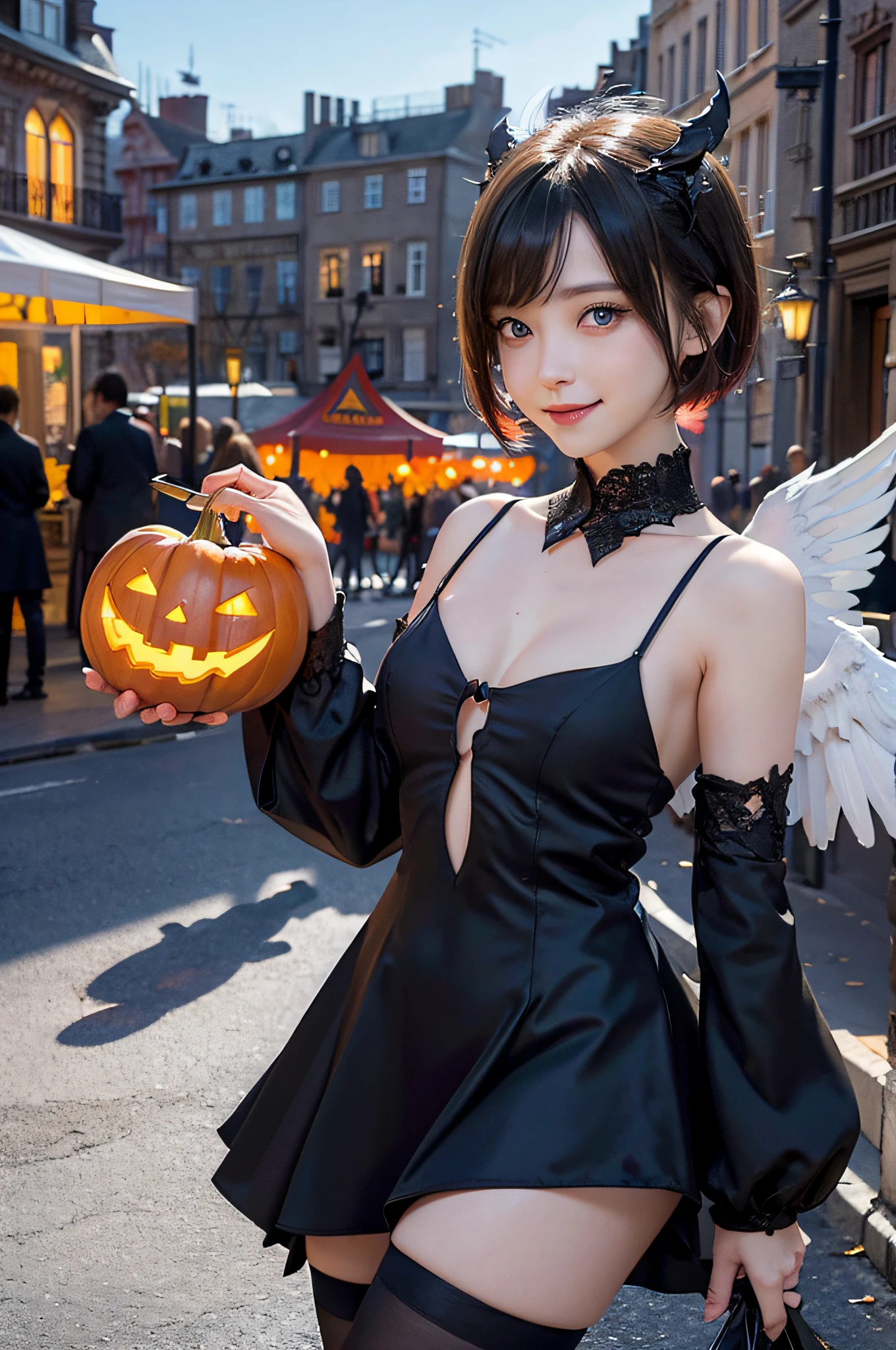 /*Quality writing*/
of the highest quality, 16 K, masterpiece, hyper detailed face, very detailed lips, Detailed eyes, Realistic pupils,
BREAK,
/*Characters and expressions*/
(Extremely beautiful girl:1.3), Japanese Girl, 1 girl, Light on Face, wavy short hair, (sliver hair:1.3), 18 years old, (((Very sweet smile))),
BREAK
/*garments*/
(demon costume:1.2), fluffy frills, (demon horns:1.2), (demon tail:1.1), (demon wings:1.3),
BREAK
/*Pose*/
(Lift the hem of the skirt, Lift the hem of the skirt with both hands, Lift the hem of the skirt yourself), (white panties:1.3), open clothes, (show nipples:1.3), nice hand, Perfect hands,
BREAK
/*Angular posture*/
(sparkling night sky:1.2), (festive carnival atmosphere:1.3), (many flower:1.2), carnival, Halloween, town, (Halloween party:1.2), jack-o-lantern, bat, Looking at Viewer