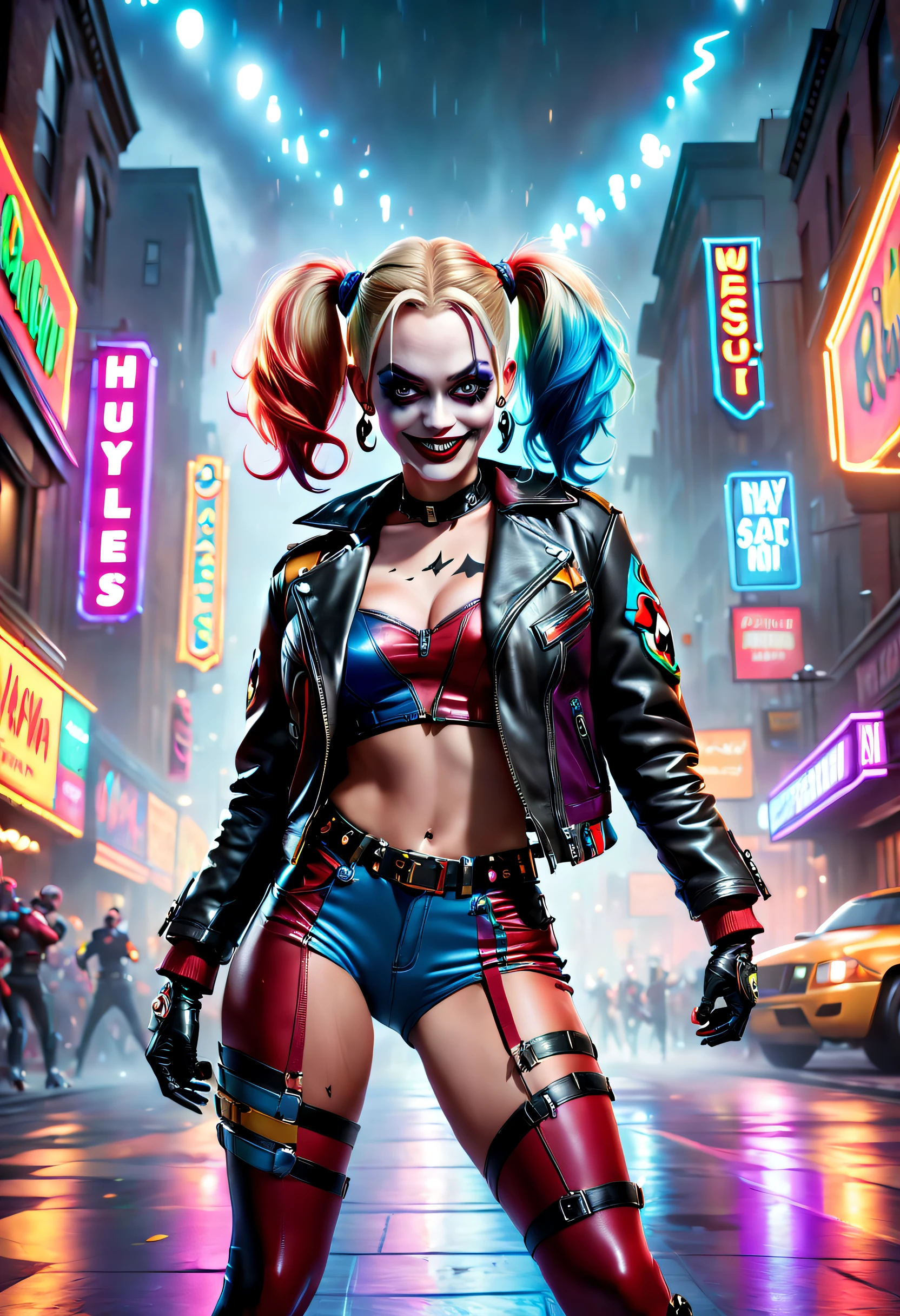 Harley Quinn from DC, melting clothes, big breasts, frontal, full-length, looking at the camera, facing the audience, standing pose, carnival background, three-dimensional light, detailed full-body concept, sleek digital concept art, beautiful full-body concept art, art trend, CGsociety full-length,