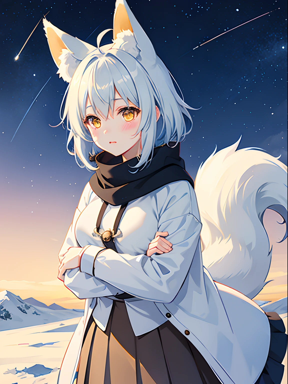 1girl, fox ear, light blue short hair, centerparted, Ahoge, yellow eyes,Cute, blush, medium breast, winter, outdoors, night, starry sky, warm clothes