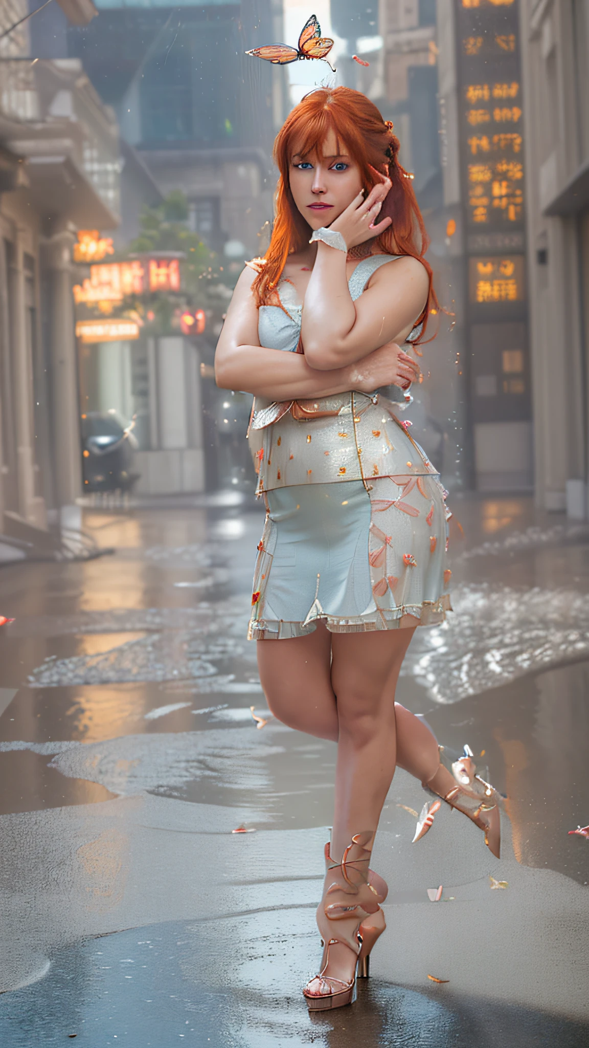 (masterpiece, best quality, ultra-detailed, highres), perfect face, sidelighting, lustrous skin, standing,
(bloom), (shine), lighting, ray tracing, sci-fi, street, outdoor, depth_of_field, cross,
blue eyes , high heels, whirlwind of water, hair ornament, bangs, light red hair, butterfly hair ornament