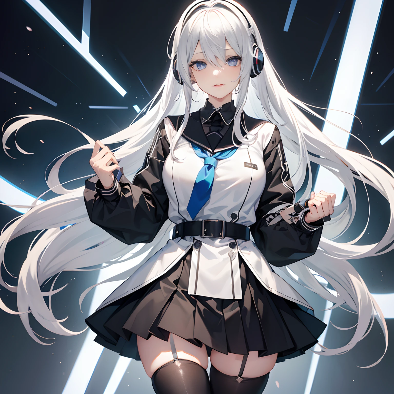 "anime girl, 1 person, silver white hair mixed with black, blue eyes, wearing headphones, female shirt, female school uniform, big breasts, chin in hand, tights, standing cross-legged, licking lips,  side view, (full HD 4K+ image)"