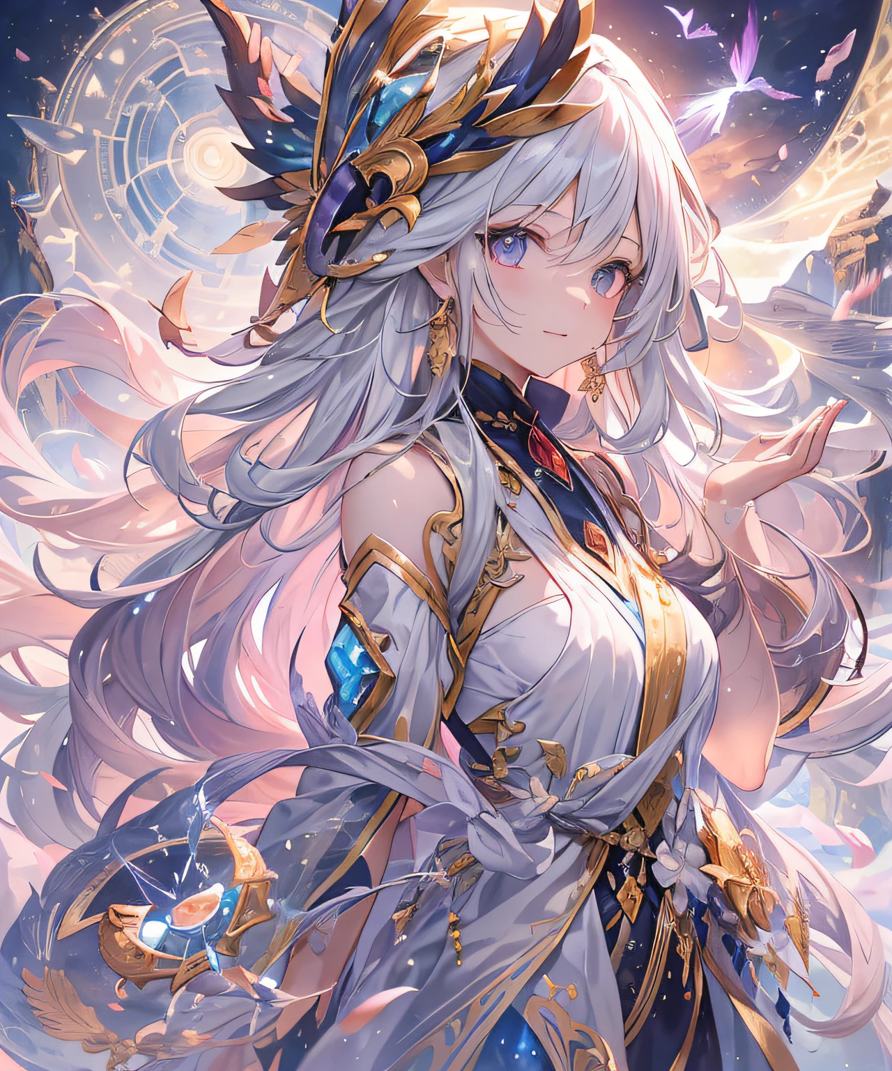 ,um garota, vestido branco, cabelos dourados, sentada num trono, coroua prateada com azul, vestido presto, olhos roxos, bem definida, adornos