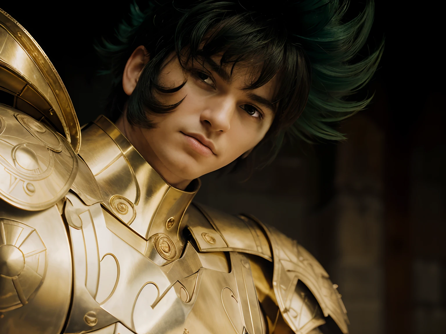 (masterpiece), (realistic) low angle, close up portrait of an man, (male), 30 years old, spanish, (1boy), solo, serious, looking at viewer, wearing an medieval armor, (full body armor), (golden armor), chrome gold, (detailed armor), (ornate armor), dark green hair, (hair blowing in wind), (hair chops), upper body, night and stars background, sharp focus, cinematic lighting,