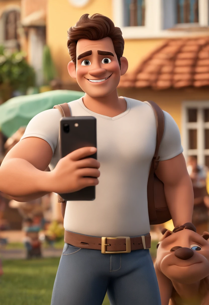 Imagem estilo Pixar com personagem 3D I would like a 3D Disney Pixar movie poster man, white, 35 years old, with a low beard and stubble, very short hair, rounded face, small eyes and black, smiling, with a flat nose, with a white shirt without a tie, Brazilian , humble, brown color, taking a selfie. This man is close to a family, 2 children, father and mother, and one of the children must hold a credit card. Everyone is happy and smiling. Against the background of the city of Brazil with houses in the background, natural lighting, a clean and sunny day, with a happy population., Maquiagem Disney,Pescador, bonitinho, sorridente ,Close-up, Pixar, Disney, Cinema lighting,