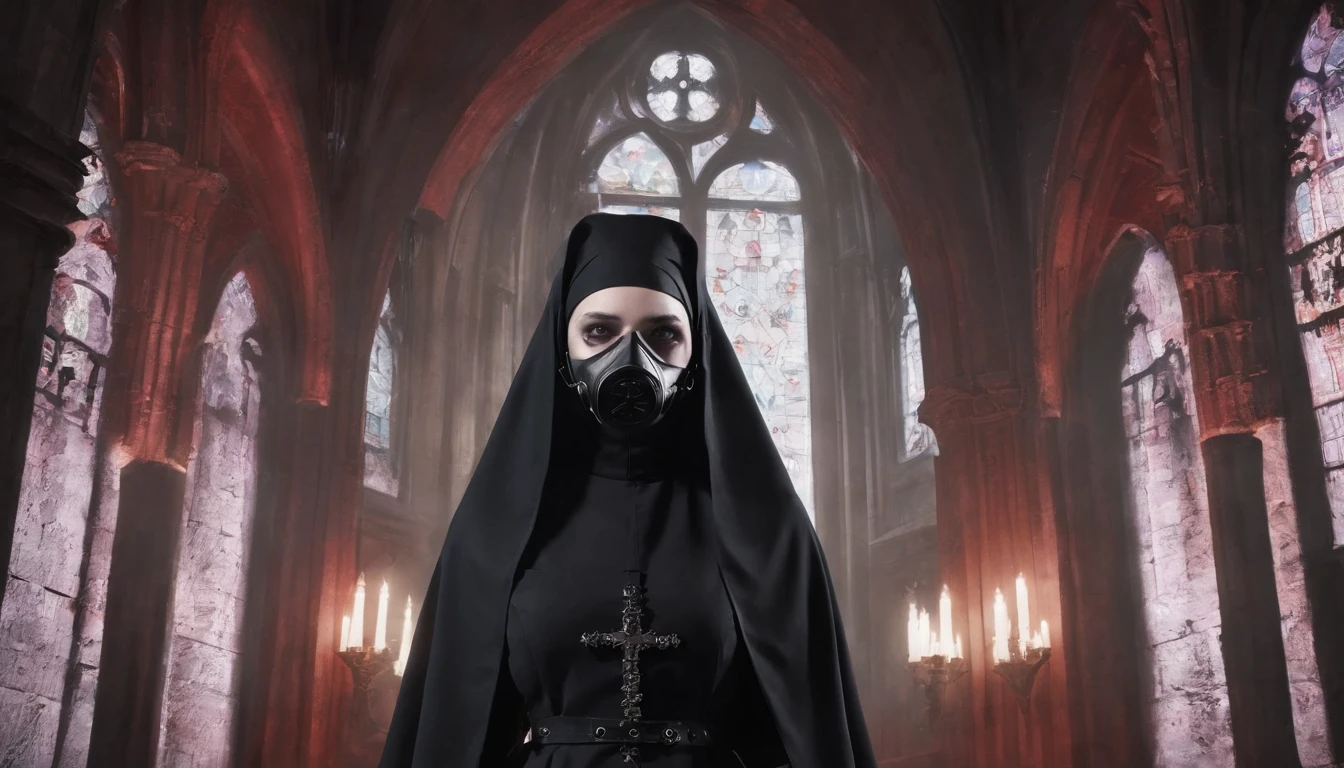 nun with anti-gas mask dressed in latex posing for a photo in a gothic church, dark nun fashion, horror fashion, latex fashion, fetish fashion, darksynth aesthetic.