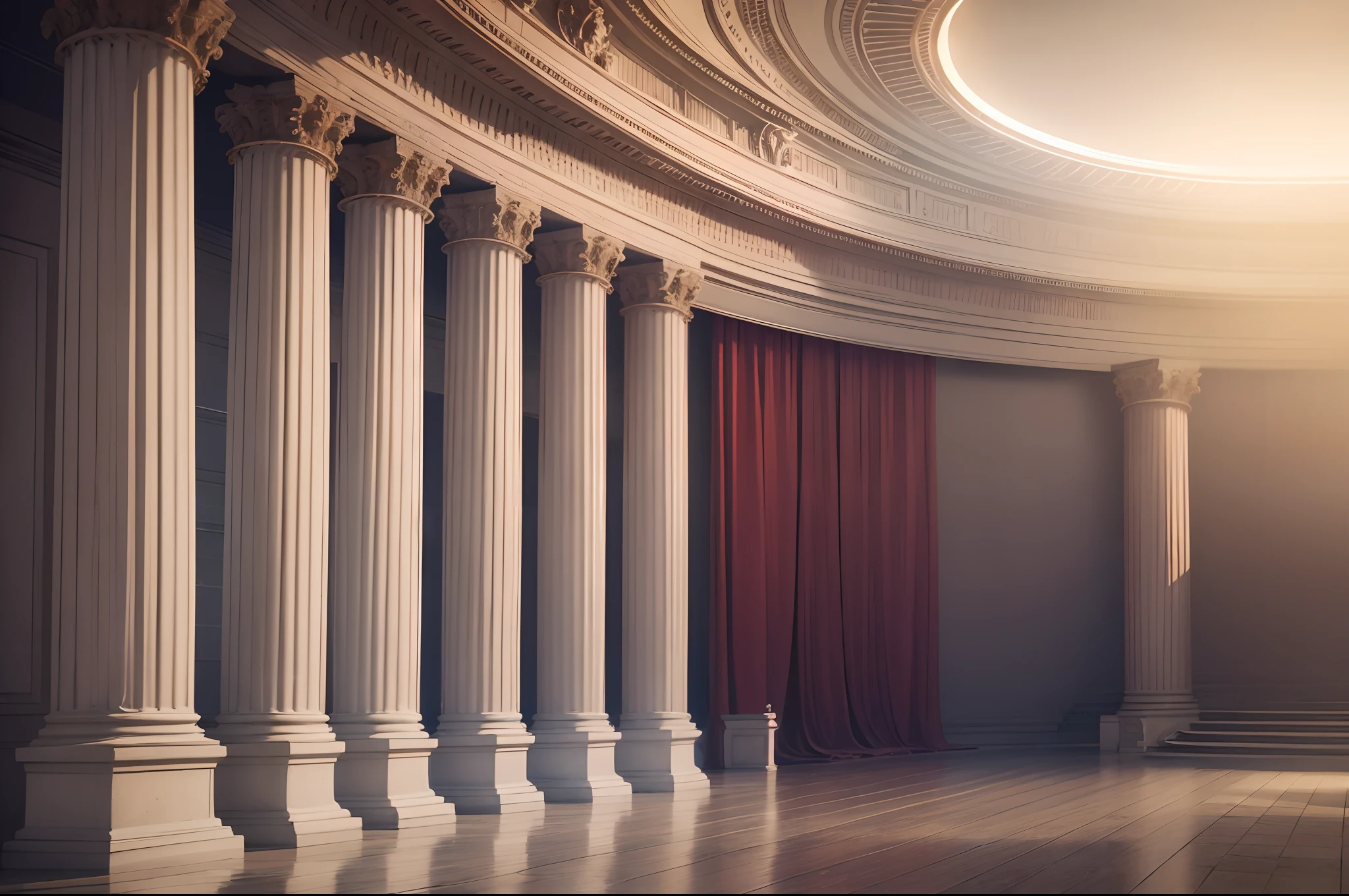 Theatre scene with large curtains and columns on the both sides, clear daylight sky on the background, high resolution photo, 4K HD, sharpen picture, dramatic cinematic lightening, hyperrealistic --auto --s2