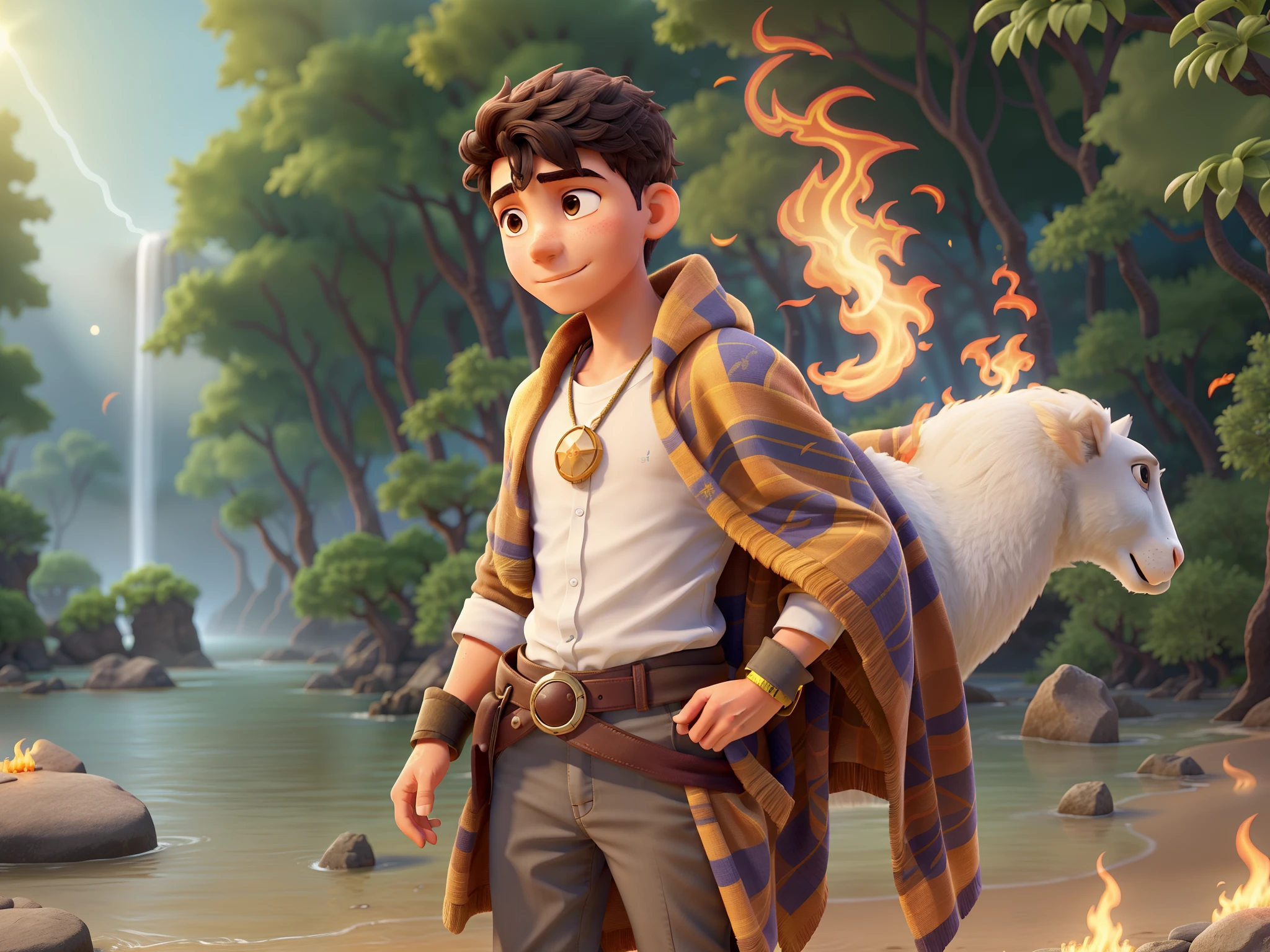 A wise young man, com roupa de viajante. iluminado pela luz do sol, In a natural and magical landscape. In this image, the balance of the four elements appears, terra, water, Fire and Air.