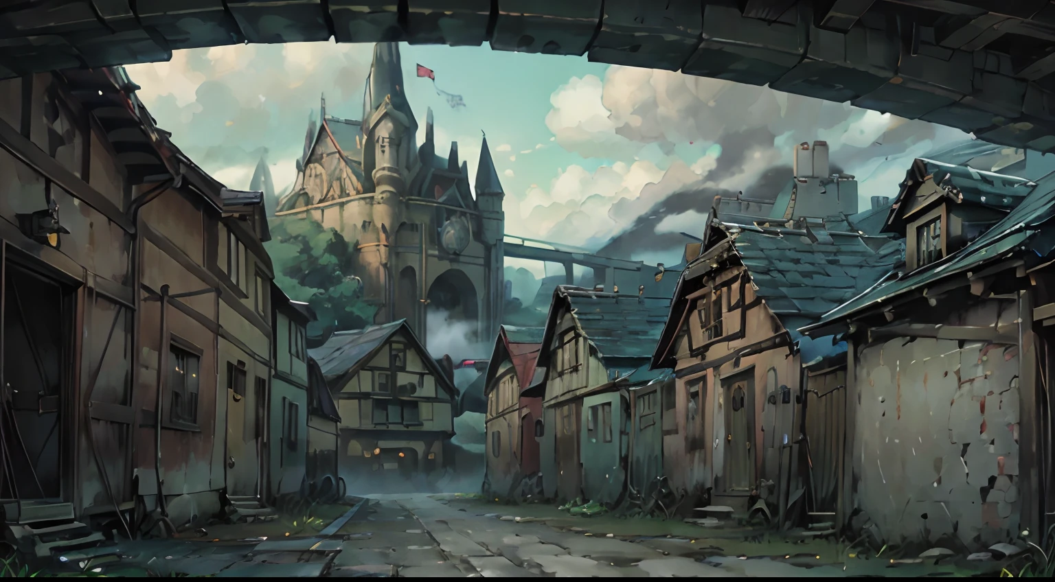 Cartoon style, lock, Scary Castle, Horror scene, DARK SETTING, mist, Storm clouds, zipper, Expensive Castle,  lock, Cobblestone road, mist, The van is parked outside, Dark Forest, zipper, Lightning Tower,