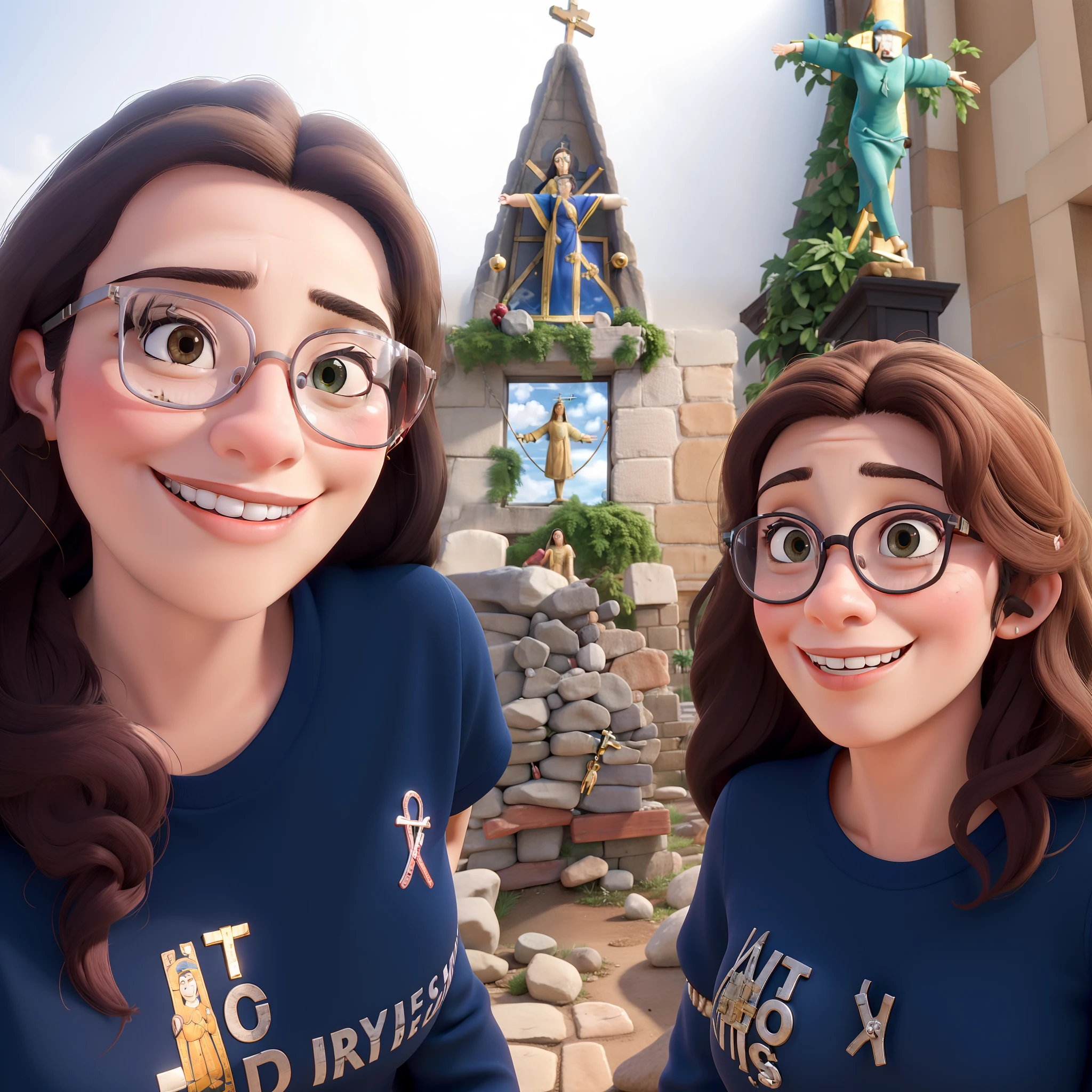 Obra-prima, de melhor qualidade, a woman with glasses and a woman without glasses inside the church with crucifix and image of Our Lady of Aparecida in the background