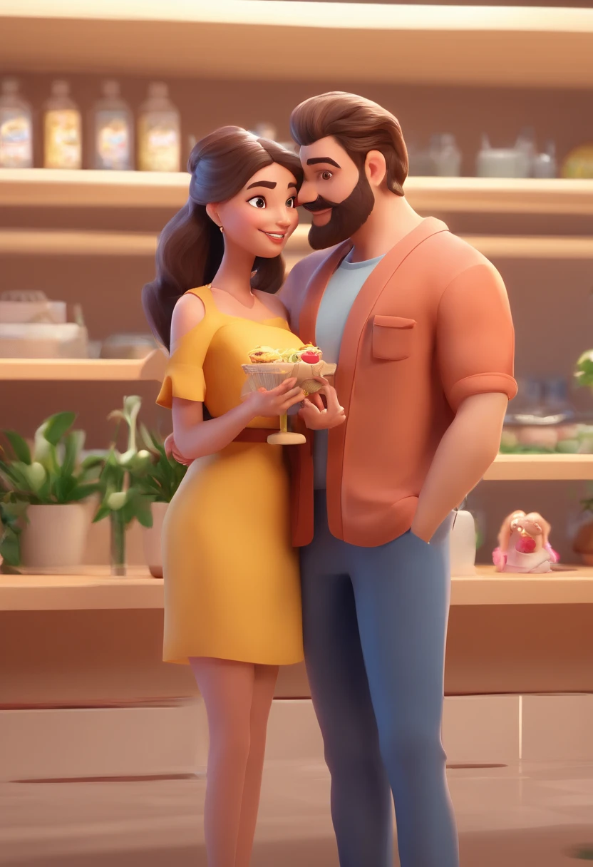 An illustration of an adorable couple, Destacando um homem e uma mulher com beleza, Expressive eyes – the man's hair is bald and brown and he has a full beard, While the woman's hair is tied up in a bun and blonde. They are a bright space, Todos com um sorriso no rosto, e compartilhe um momento especial, That is marked by love, viagem, and pedagogical insights. Ilustre esta cena a partir de uma perspectiva, where they're facing away from the camera, Show Your Connection. Desenvolva esta arte em Full HD, Focus on your cinematic touch, Estilo Disney Pixar Animations