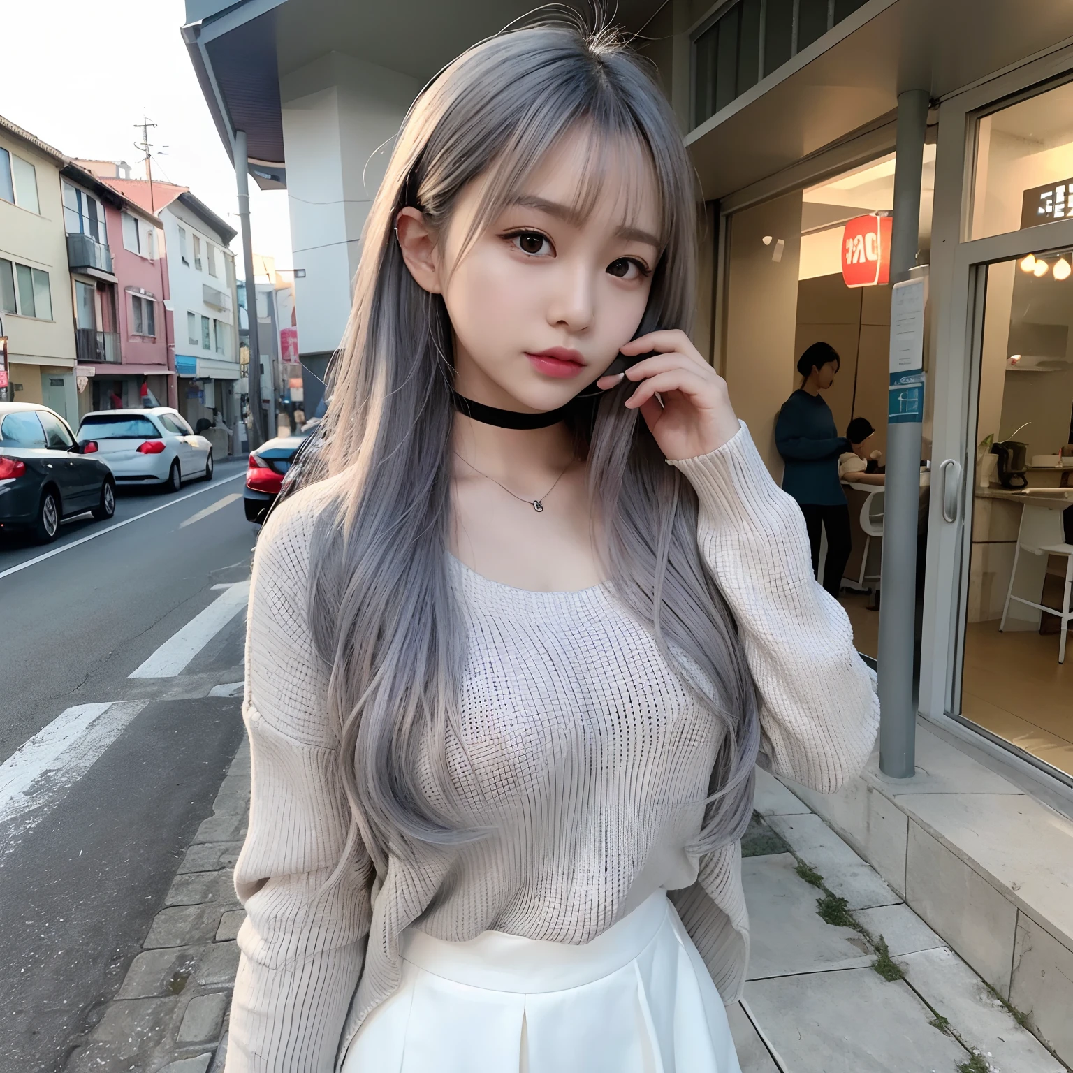 RAW photo of a girl、(​masterpiece:1.1)、top-quality、超A high resolution、high detal、(Photorealsitic:1.4)、sharp、Focus、Details of face、(eyebrow piercing:1.1)、A detailed eye、A detailed face、1girl in、Long sleeve white high neck knit、Black tight skirt、a black choker、(faded ash gray hair:1.2)、posterior view、Wagas、takeout、a street、straight haired、Hair quality improvement