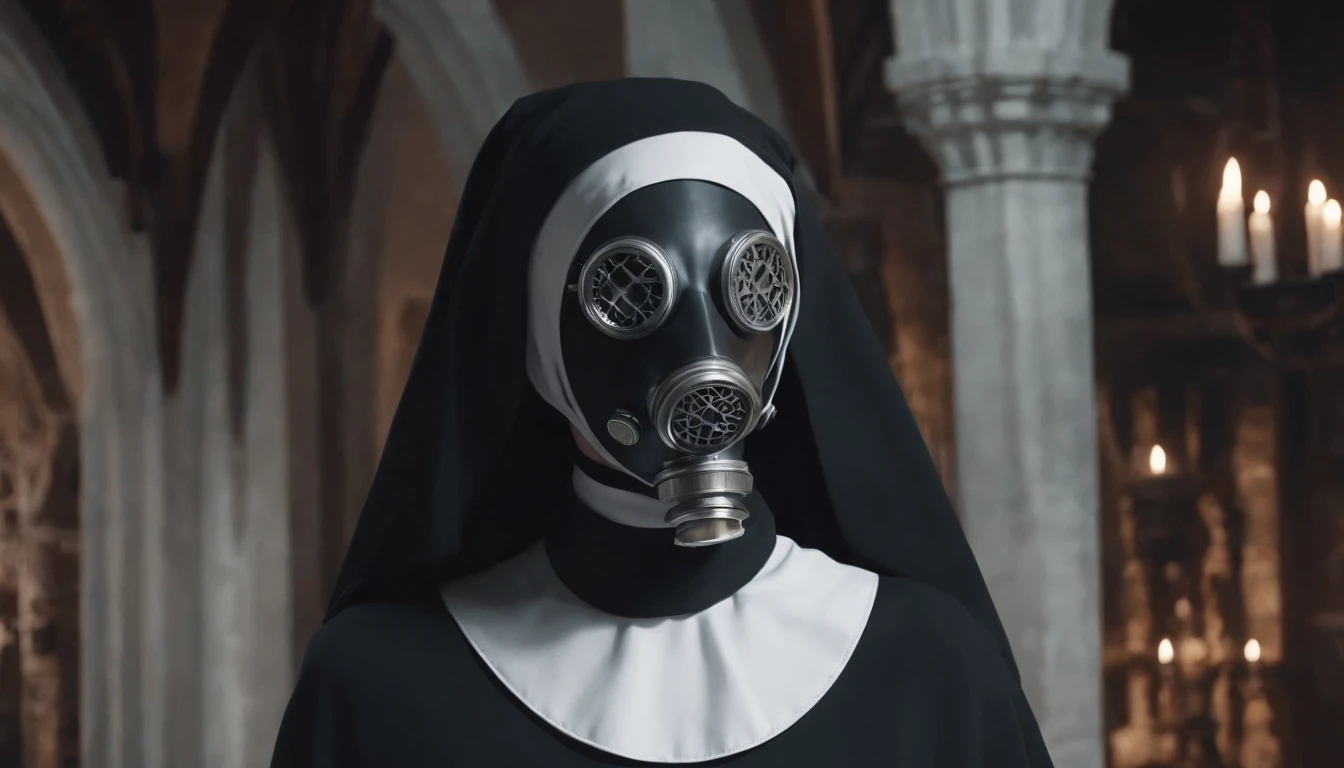 Half body shot of a nun with anti-gas mask in a Gothic church at night, pale white skin, anti gas mask, halloween aesthetic, horror movie, cinematic halloween, dark ambient, red lights, ultra detailed, photorealistic, masterpiece.