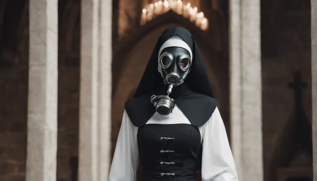 Half body shot of a nun with anti-gas mask in a Gothic church at night, pale white skin, anti gas mask, halloween aesthetic, horror movie, cinematic halloween, dark ambient, red lights, ultra detailed, photorealistic, masterpiece.