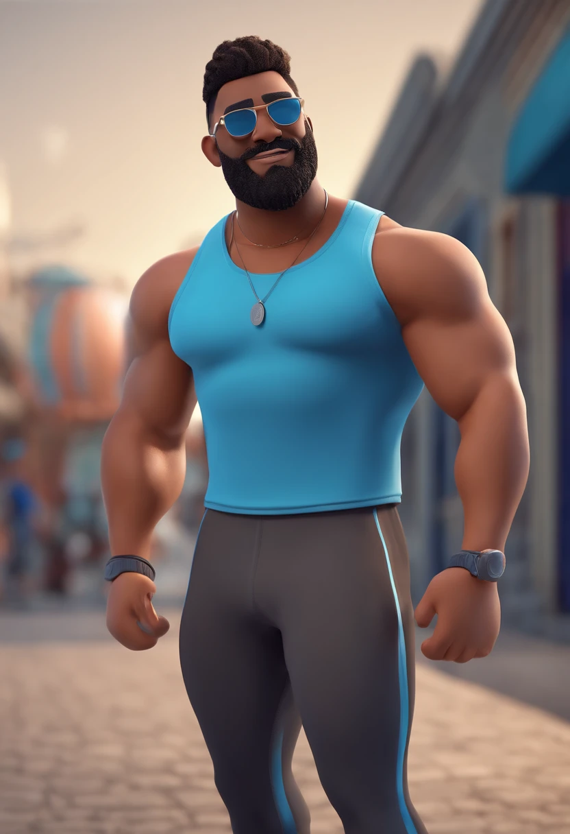 Cartoon character of a man with black glasses and a blue shirt, animation character, Caractere estilizado, animation style rendering, 3D estilizado, mulatto man gym clothes with beard cap strong chubby