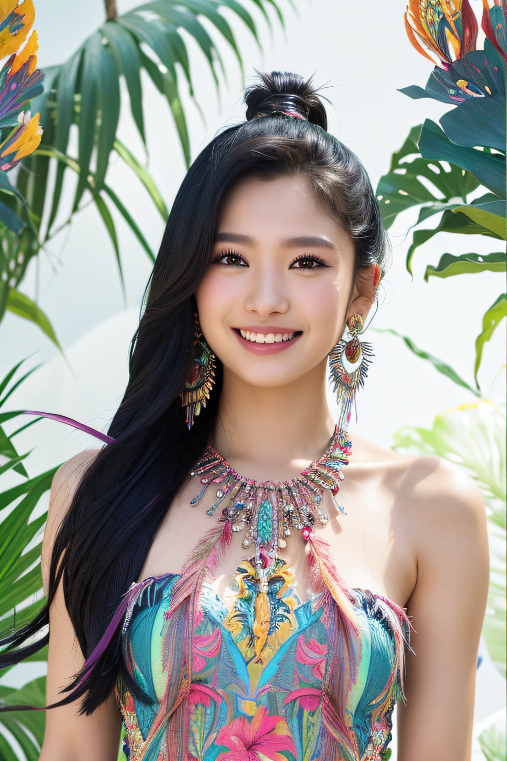 (extra detailed body、extra detailed face、best qualtiy:1.2)、femele、looking at the viewers、(Hair dyed iridescent、sixteen years old、A smile、Earrings on bird feathers up to the shoulders、See-through tops、A smile)、(Chaos against the background of crested tropical fish:1.4)high fashion