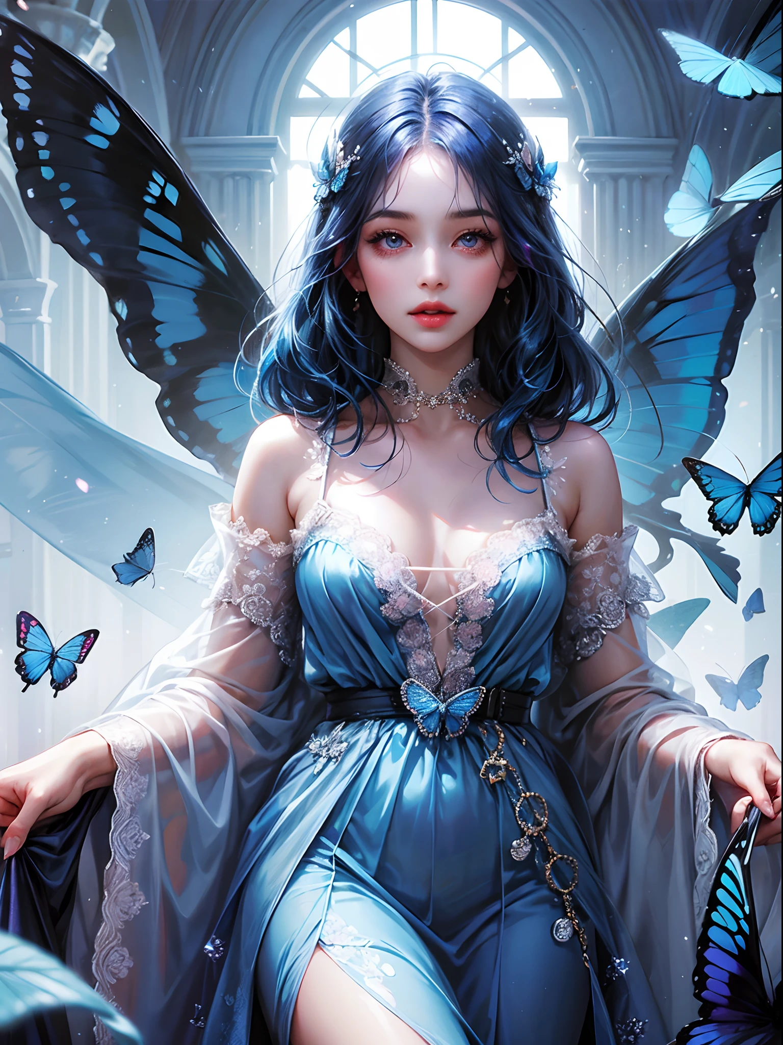 Butterfly motif、indigo keynote speech、Vibrant colors、((masterpiece)))、(((top-quality)))、((ultra-detailliert))、(A hyper-realistic)、(highly detailed CGillustration)、Official art、nice early 20th century、Decadent、Madame Papillon、Cool Beauty、Masquerade、refinement、Elegance、Gorgeous、Colorful and detailed mask design、matchless beauty、Fans、gorgeous dress、jewely、Female Solo、Perfect Angle、perfect-composition