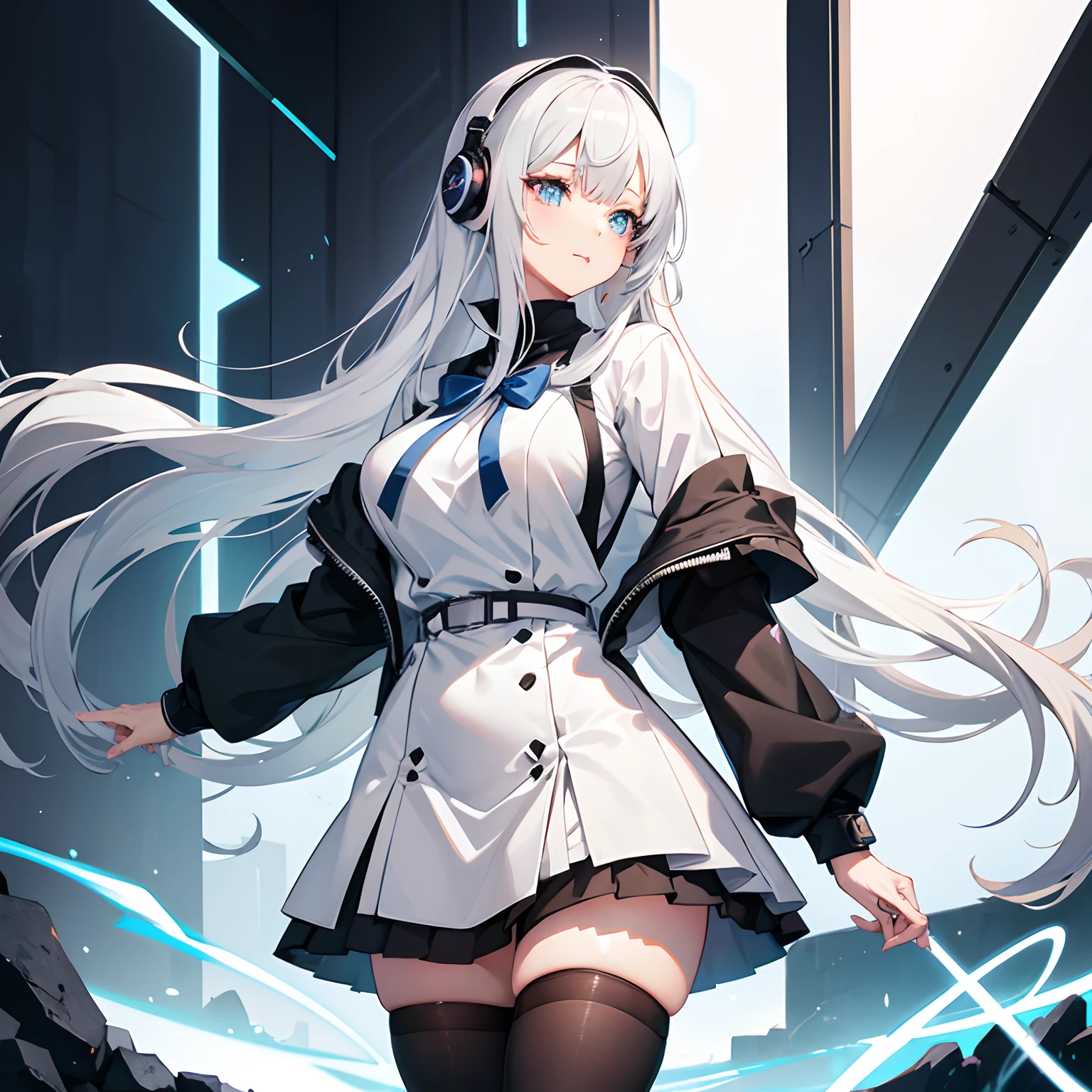 1 girl、Mature、Ample breasts、Long Hair、Blue Eyes、White Hair、Look to the side、ponytail、ハイponytail、Maid clothes、cyber punk、Near future、Miniskirt、Holding a rifle、Pointed handbag、Cinema Lighting、Like a jewel、choker、High resolution、Highest quality