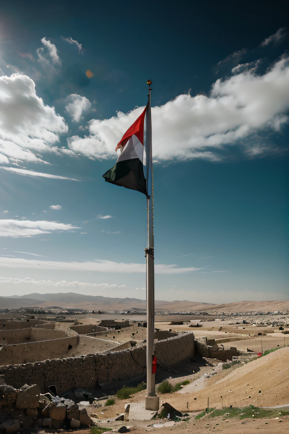 The Palestinian flag is a tricolor of three equal horizontal stripes. From top to bottom, the colors are black, white, and green. Additionally, there's a red triangle extending from the hoist side into the white stripe. These colors hold symbolic meanings:

Black: Represents the Palestinian people.
White: Represents the hope for peace.
Green: Represents the fertility of the land of Palestine.
Red Triangle: Represents the Arab people and the blood that has been shed in the fight against occupation.