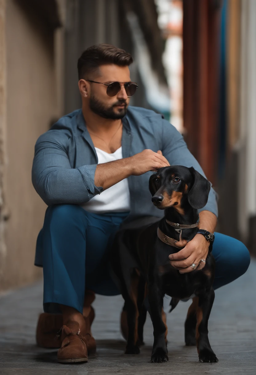 Homem de 33 anos com 99 kilos e 1,84 centimetros de altura, cabelo curto, barba curta, andando de scooter branca com detalhes cinzas e rodas azuis, with her black color dachshund dog, nas costas