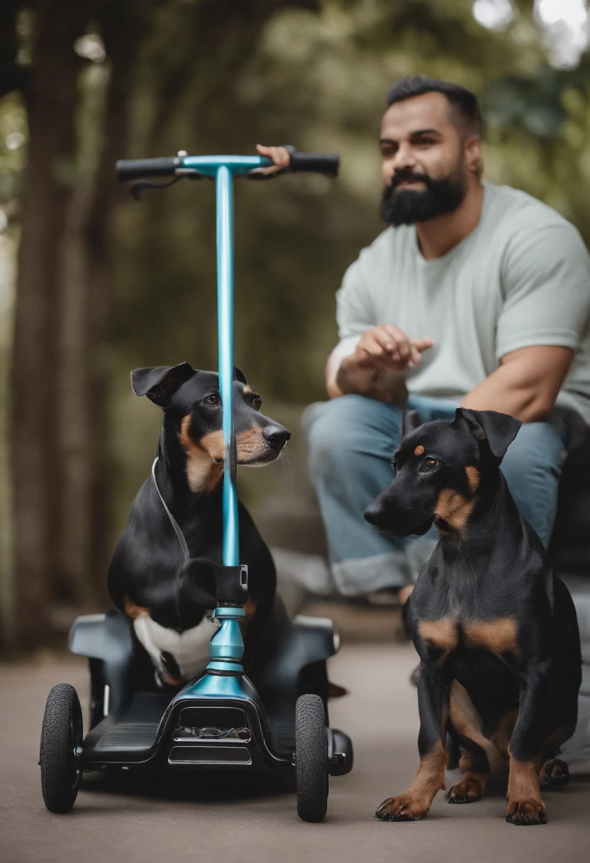 Homem de 33 anos com 99 kilos e 1,84 centimetros de altura, cabelo curto, barba curta, andando de scooter branca com detalhes cinzas e rodas azuis, with her black color dachshund dog, nas costas