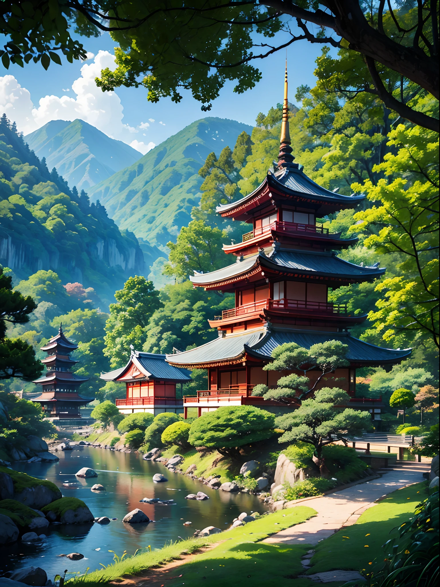 asian landscape, pagodas, pastel colors, beautiful japanese trees, peach trees