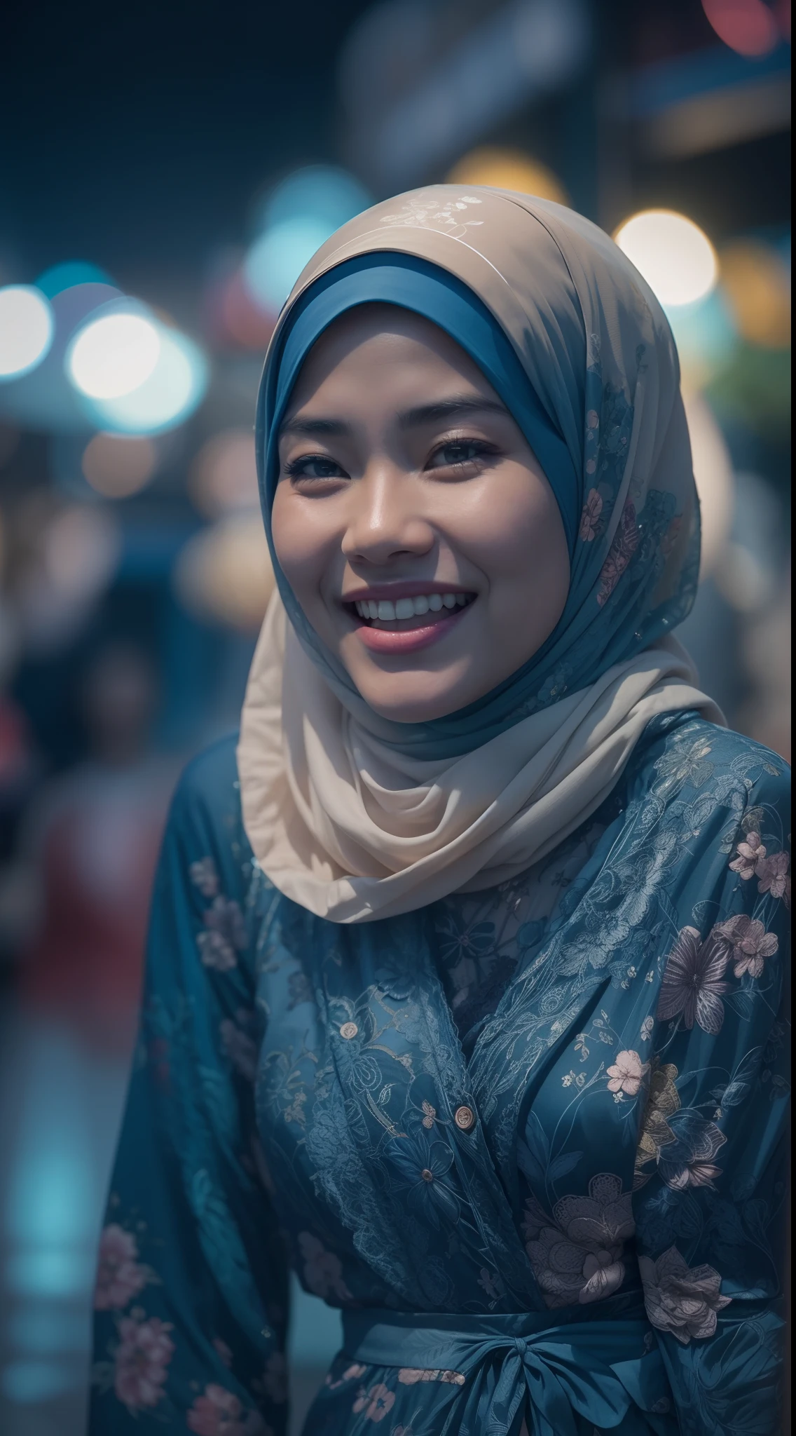 Vietnam girl wearing hijab, laughing, happy, holding handbag, dark skin, blue floral lace bra and panties in night market, beautiful face, petite body, bright lighting, nighttime, 35mm lense, low angle Shot, Deep Focus cinematography effect, Natural Lighting, cool-toned color grading, high quality, ultra detail, 8k resolution,