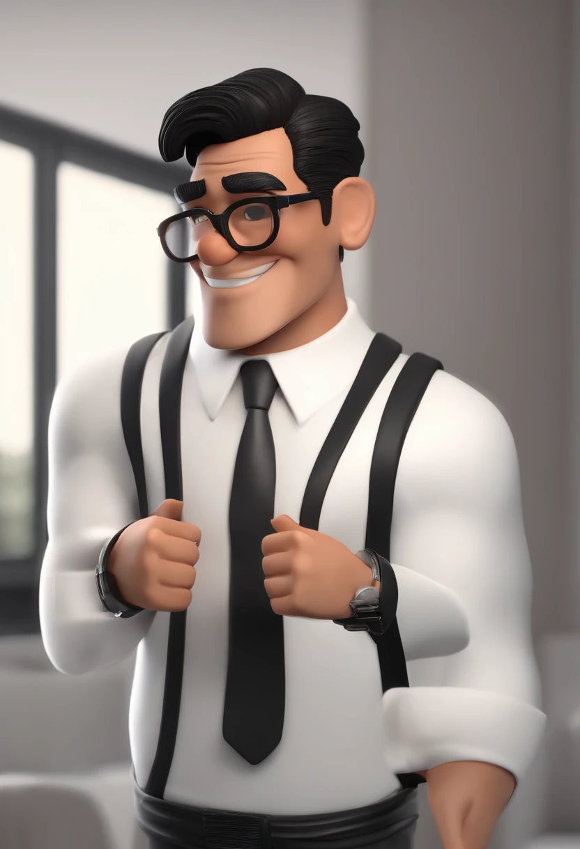 Cartoon character of a man with black glasses, barba grande preta, with a black cap and a blue shirt, junto com ela uma mulher jovem, cabelo preto grande e um fusca vermelho, animation character, Caractere estilizado, animation style rendering, 3D estilizado, Arnold Maya render, 3 d render stylized, toon render keyshot, Personagem 3D, Personagem 3D, 3d rendering stylized, 3 d character render, personagem de desenho animado, Personagem de close up, Pose de personagem,  (Estilo Pixar) (master part:1.2) (Bokeh) (best quality) (pele detalhada) (textura detalhada) (8k) (argila) (Cinematic lighting) (foco nítido