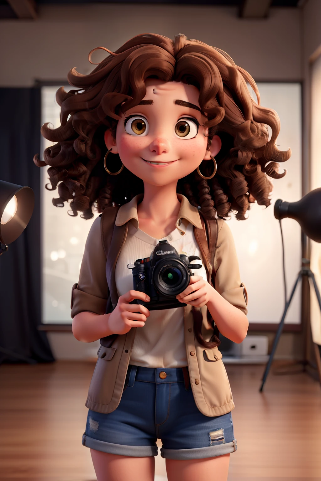 Curly and brown haired photographer with her camera in studio.