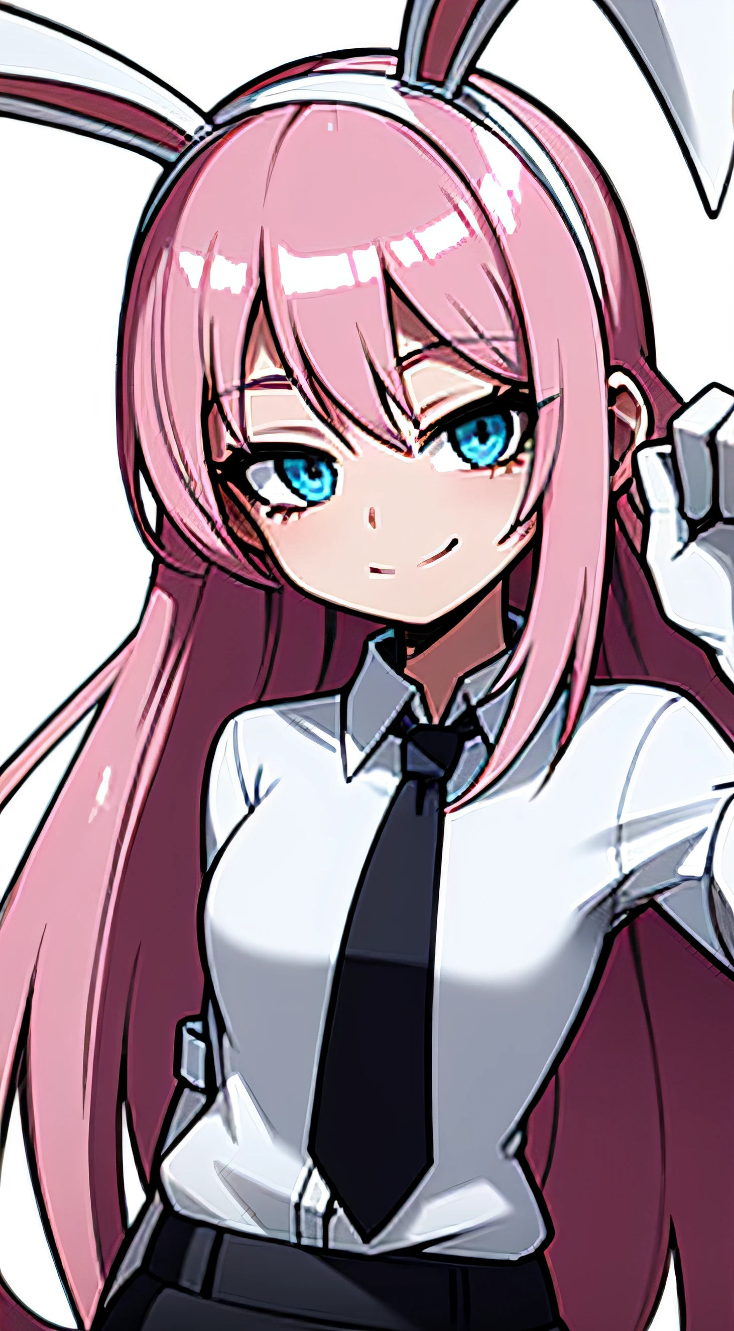 anime girl with pink hair, blue eyes, smiling cute face, wearing a white shirt with a black tie, bunny ears, half body, facing forward, plain white background