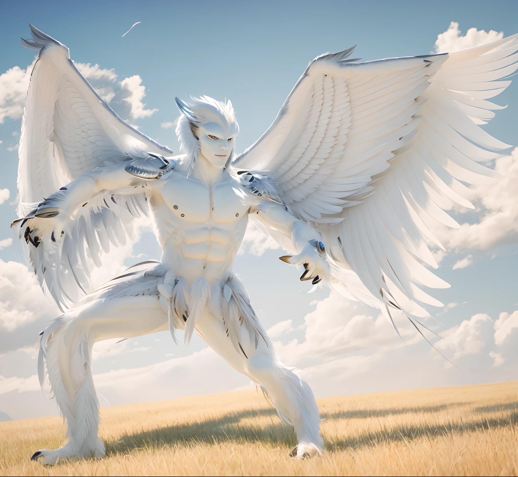 Feather full body,male alien with wings,waxy white skin,grass only background