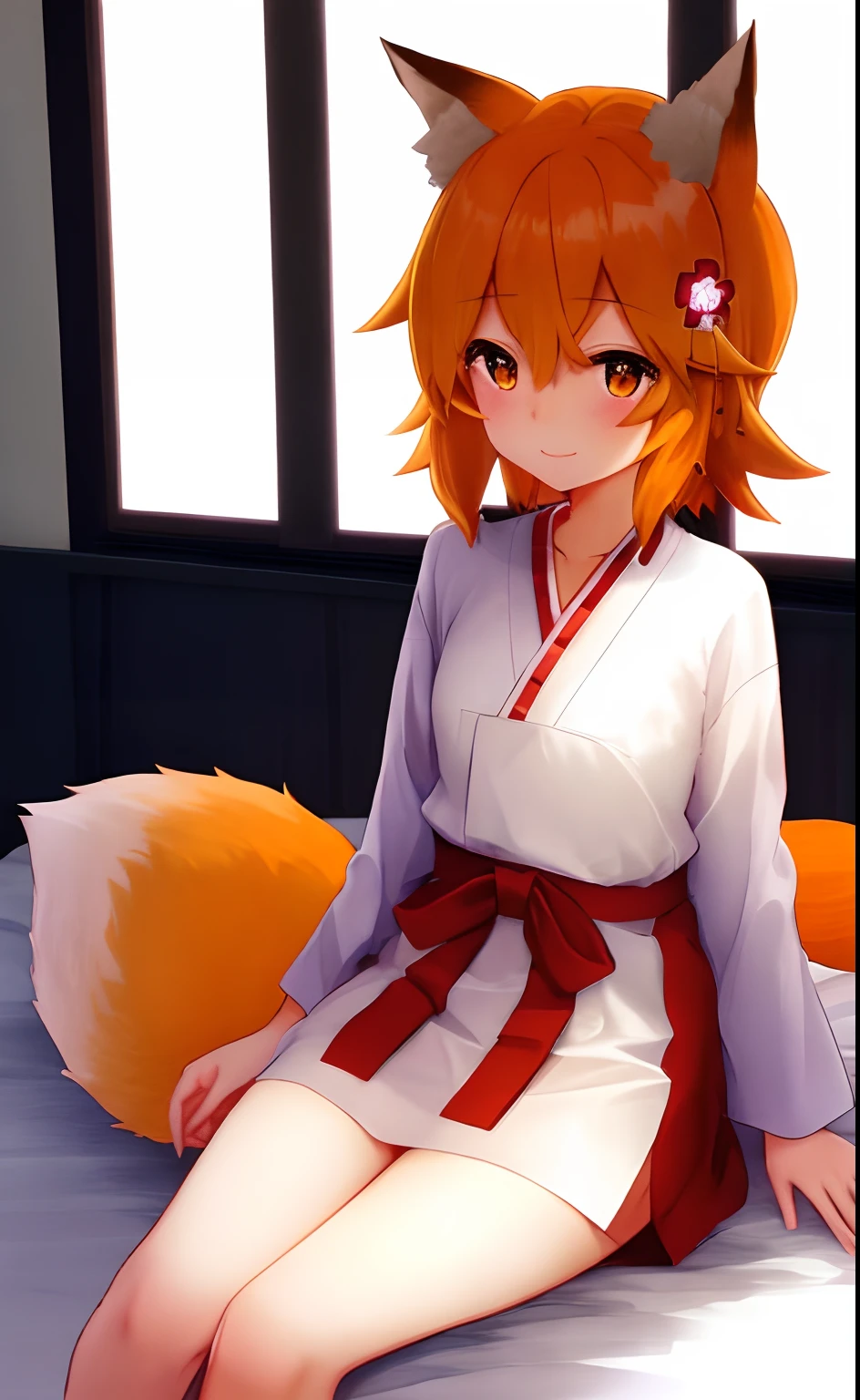 sen, animal ears, fox ears, fox girl, fox tail, hair flower, hair ornament, orange eyes, orange hair, short hair, tail, flat chest,in a bed, sitting down, with tight clothes, taking off her clothes, smile, embarrassed,with traditional Japanese clothes, single character,in a bedroom background,with 2 hand or her thigh, Not fully and exposed, bites condoer mouth,with excited expetion