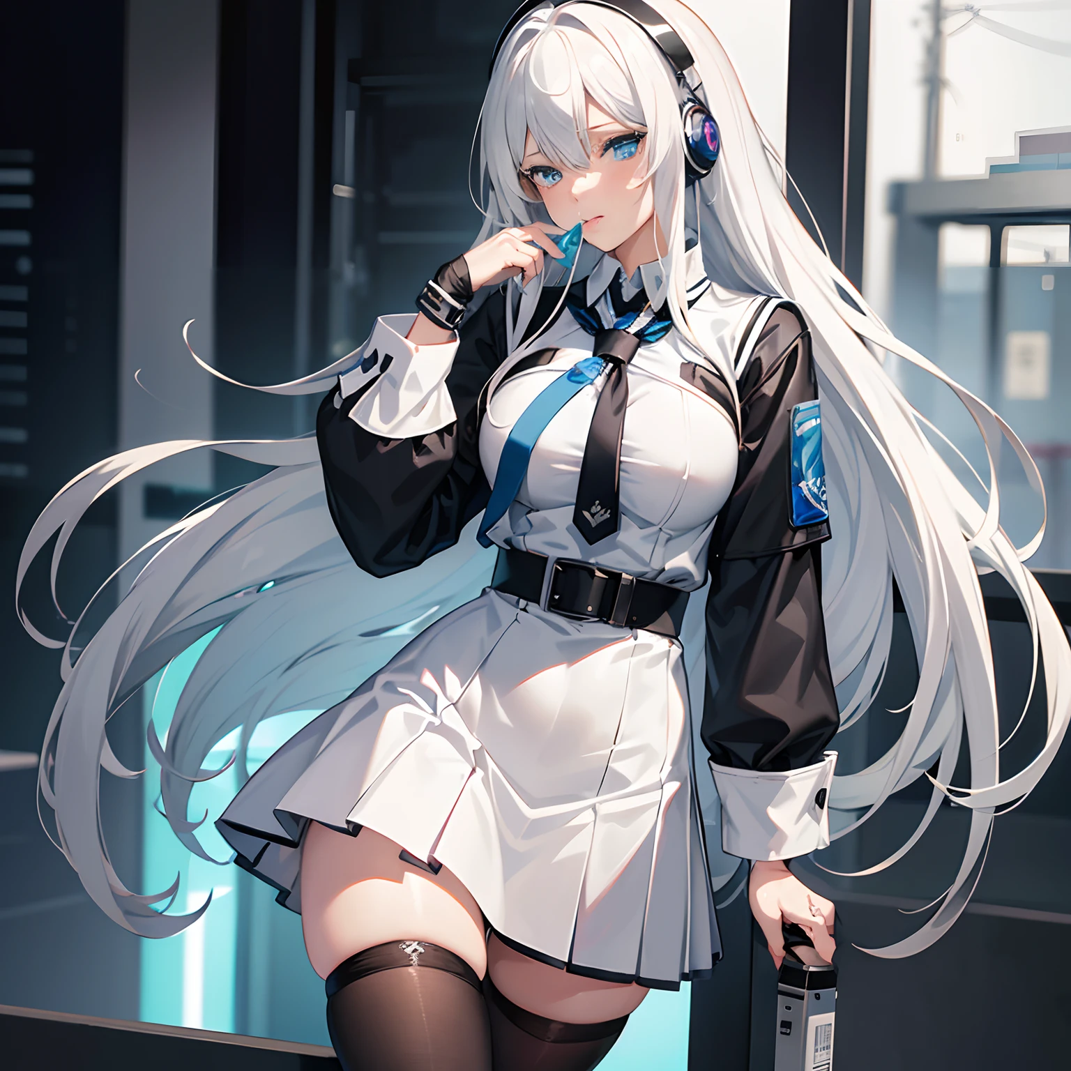 "anime girl, 1 person, silver white hair mixed with black, blue eyes, wearing headphones, female shirt, female school uniform, big breasts, chin in hand, tights, standing cross-legged, licking lips,  side view, (full HD 4K+ image)"