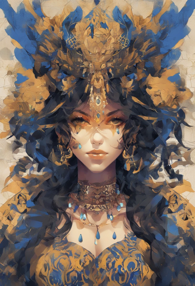 (best quality,ultra-detalhado,Realistic:1.37), adolescente brasileira com cabelo preto,retrato,belos olhos detalhados,strong presence,fierce expression,Surprisingly detailed facial features,tons de preto e azul escuro,vivid colors,dramatic lighting,sombras de alto contraste,Detail-oriented rendering,,Atitude confiante,ethereal background,personalidade vibrante,olhar intenso,enfeites de cabelo elaborados,textura rica,respingos de ouro,Destaques sutis,foco nítido,Carefully crafted modern Korean-inspired jewelry
